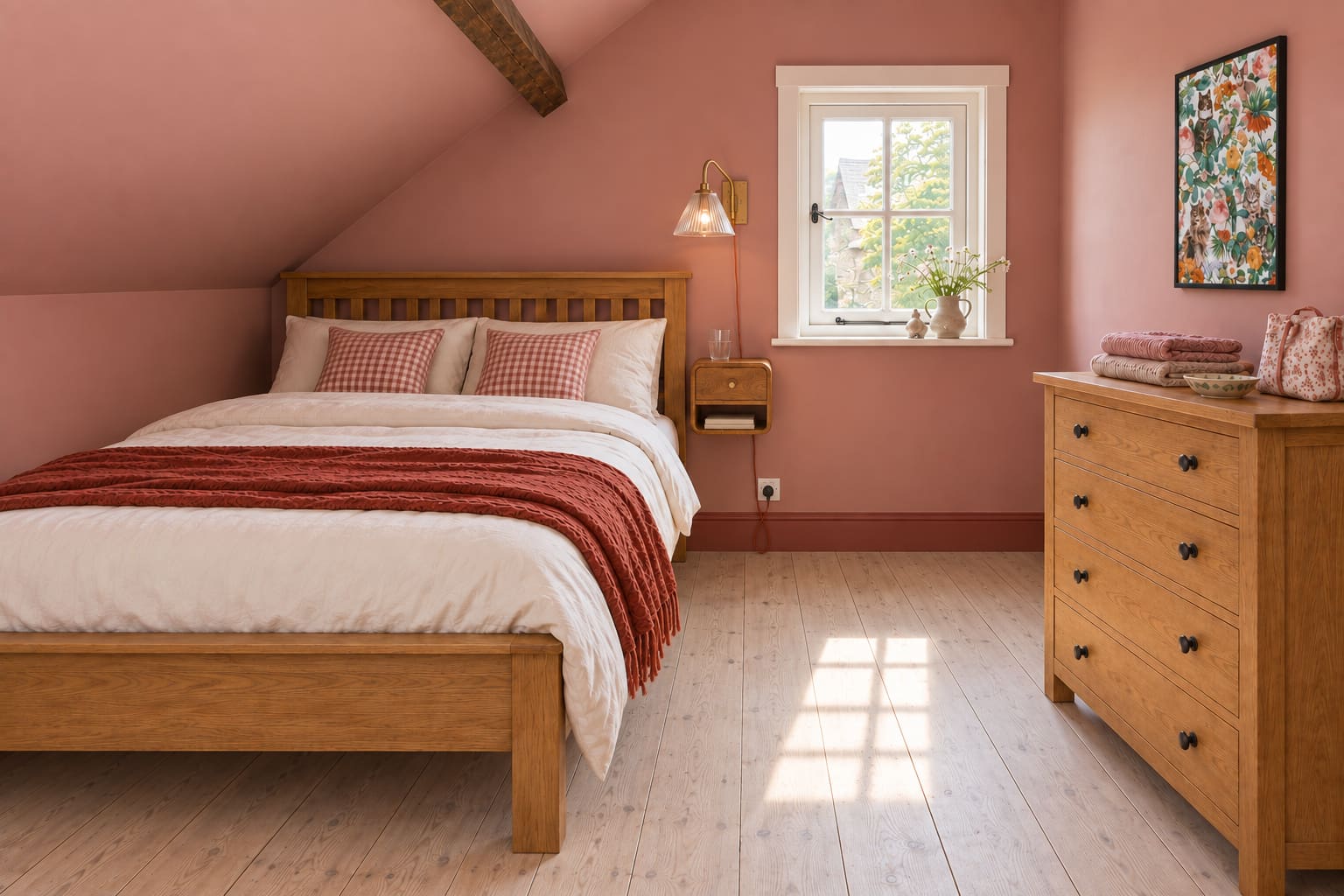 A dusty-pink cottage attic bedroom with an oak bed along the low roof slope, a clear dressing aisle, oak chest, small wall-mounted bedside and cat-and-flower artwork.