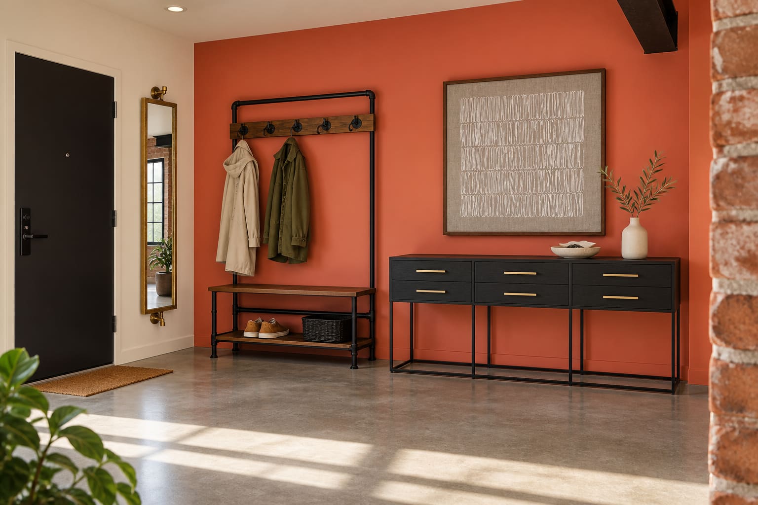 A coral warehouse-apartment entrance with a black door, brick pier, slim swivel mirror, elm coat-and-shoe bench, six-drawer black console and square stitched artwork.
