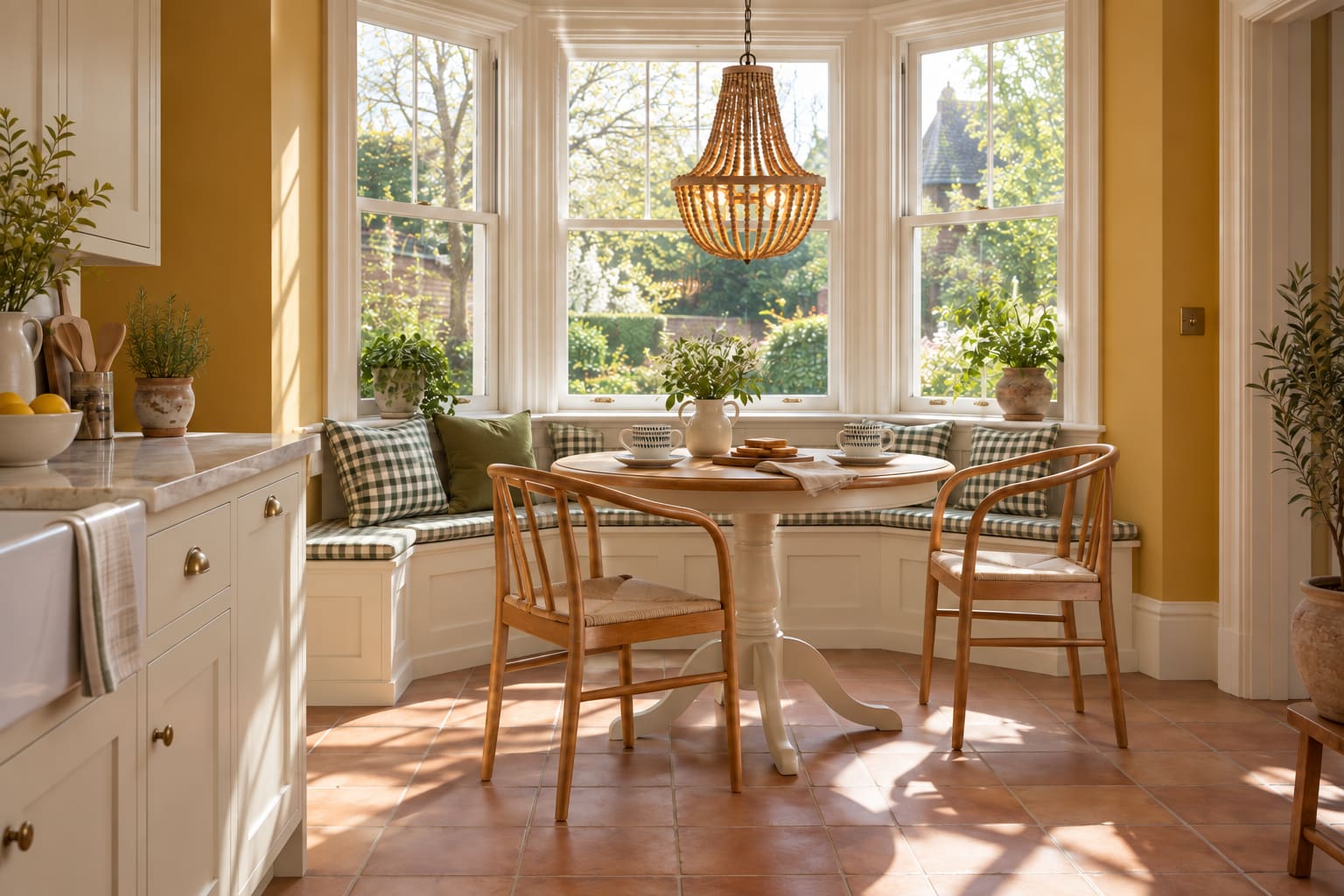 A mustard-yellow kitchen bay with checked bench seating, a round oak-and-ivory pedestal table, two beech spindle chairs and a wooden-bead pendant.