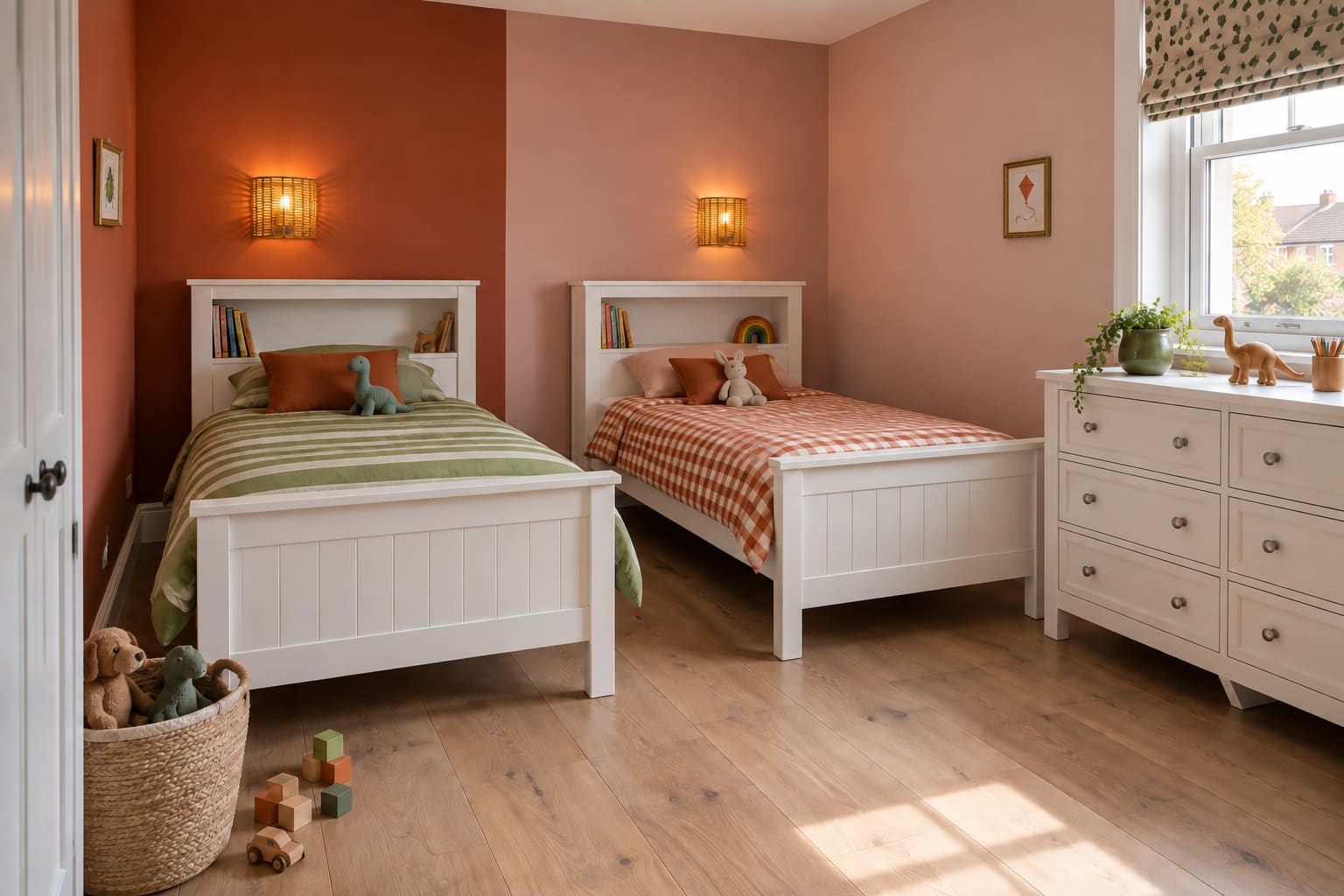 A shared children’s bedroom with rust and blush walls, two white bookcase single beds, green stripes and rust checks, small rattan wall lights and a shared white chest.
