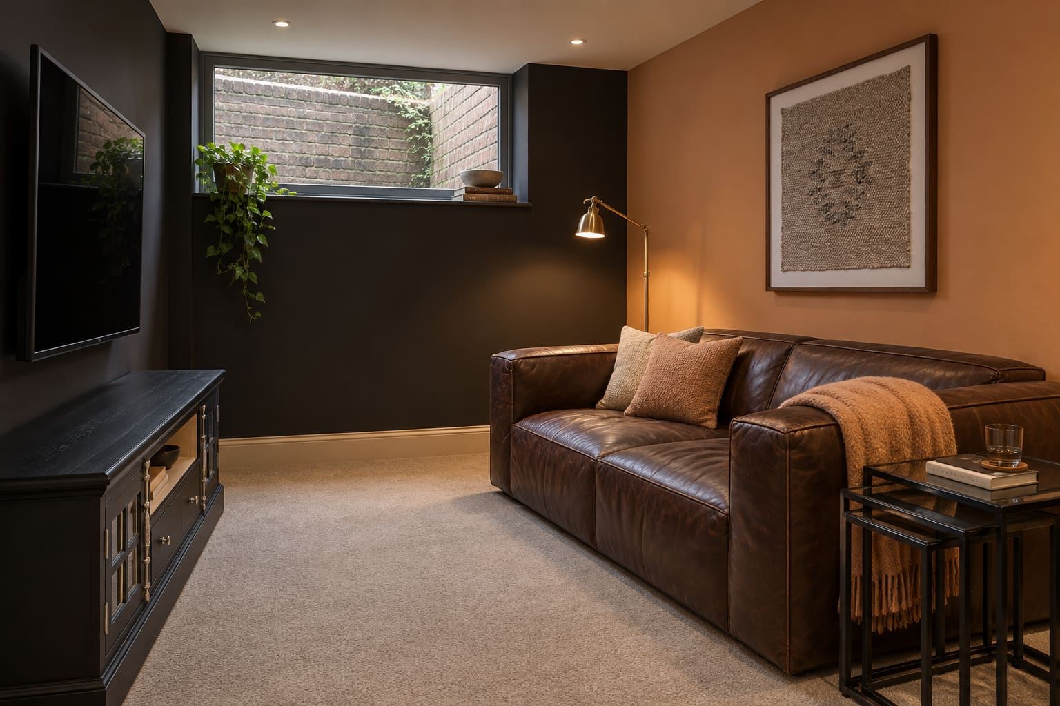 A low-ceilinged TV snug with a brick lightwell window, black screen wall and media cabinet, apricot sofa wall, brown leather sofa, brass reading lamp and woven artwork.