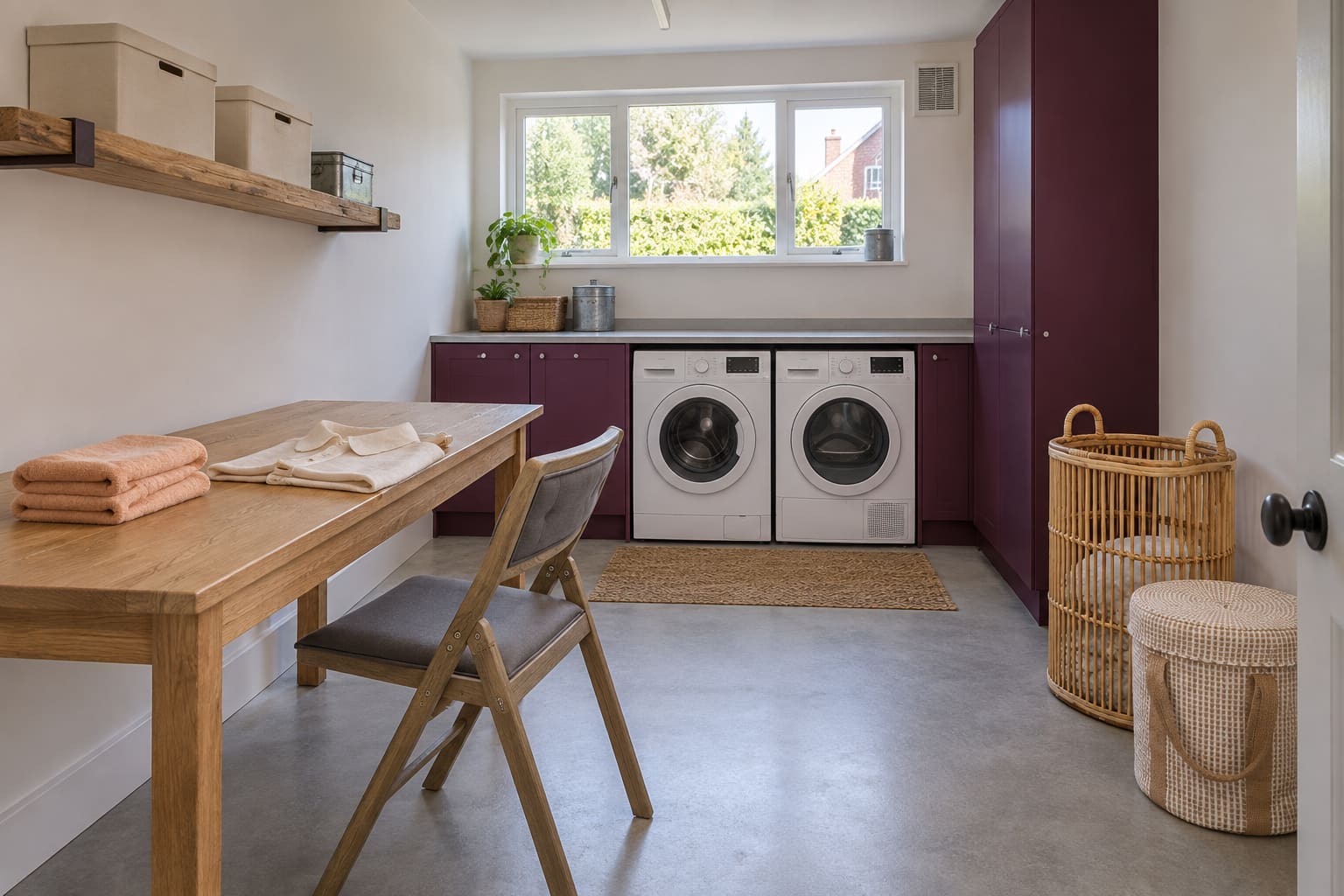 A plum utility room with side-by-side laundry appliances, an oak folding table and grey folding chair, two different laundry baskets and a high window above the counter.