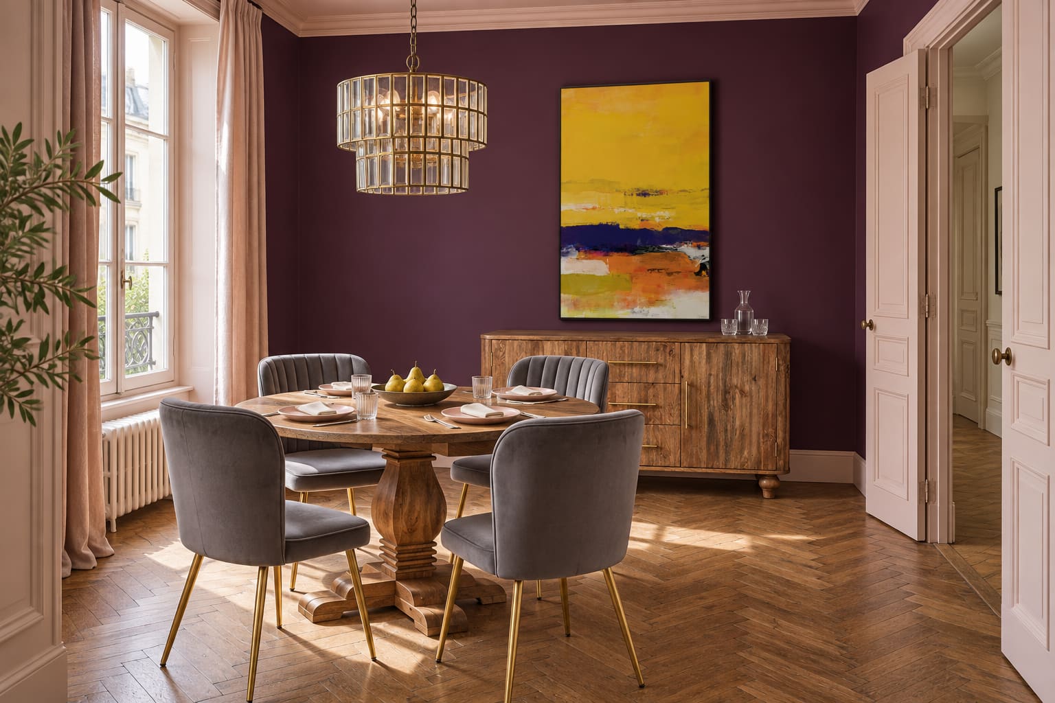 A bright aubergine dining salon with blush doors, four grey velvet chairs around a round carved-wood table, a tiered glass chandelier and the yellow Wheat artwork above a shallow sideboard.