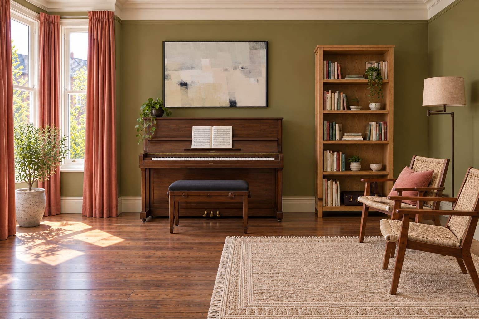 An olive music room facing an upright piano against a straight wall, with coral bay-window curtains, two open teak and rattan chairs, an oak score bookcase and pale abstract artwork.