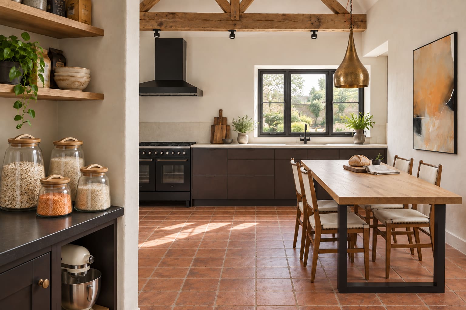 A view from a stocked pantry into a chocolate-brown barn kitchen, with terracotta flooring, an oak table, cream leather chairs and orange abstract art on a dry side wall.