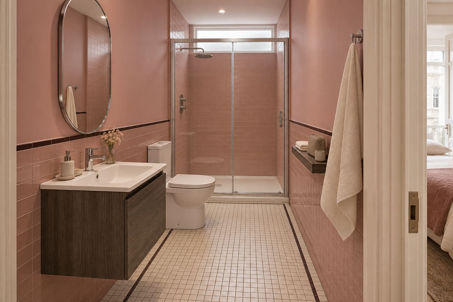 A narrow dusty-pink en-suite with a walnut-effect floating vanity, oval chrome mirror, shallow shelf and enclosed shower beneath a high frosted window.