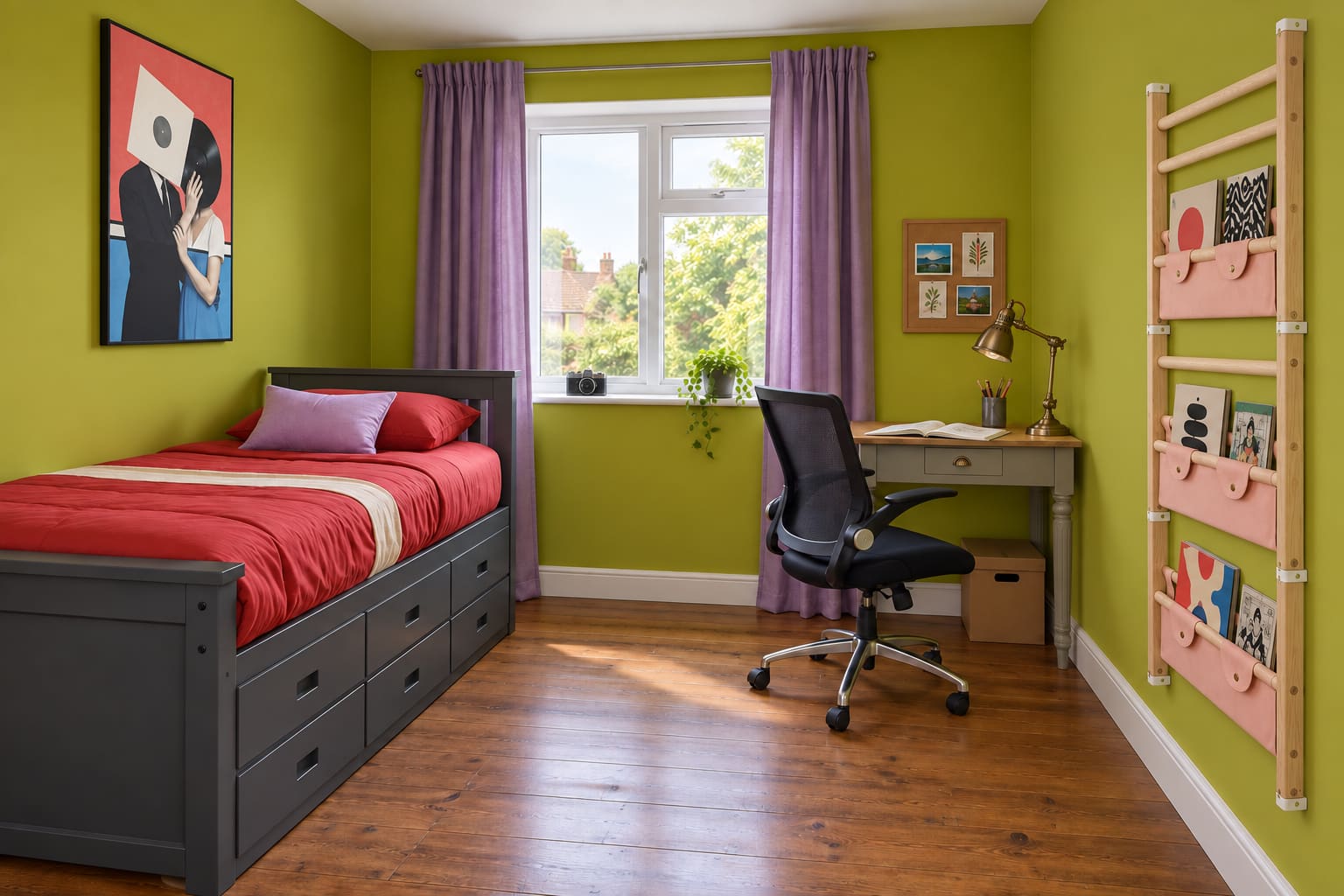 A chartreuse teenage bedroom with an anthracite storage bed, red bedding, lilac curtains, peach fabric display shelves, a grey writing desk and music-themed artwork.