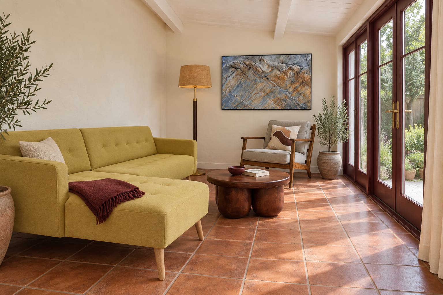An olive corner sofa and wine-finished round coffee table in a cream garden room with terracotta tiles, oxblood glazed doors, an oak reading chair and mineral artwork.