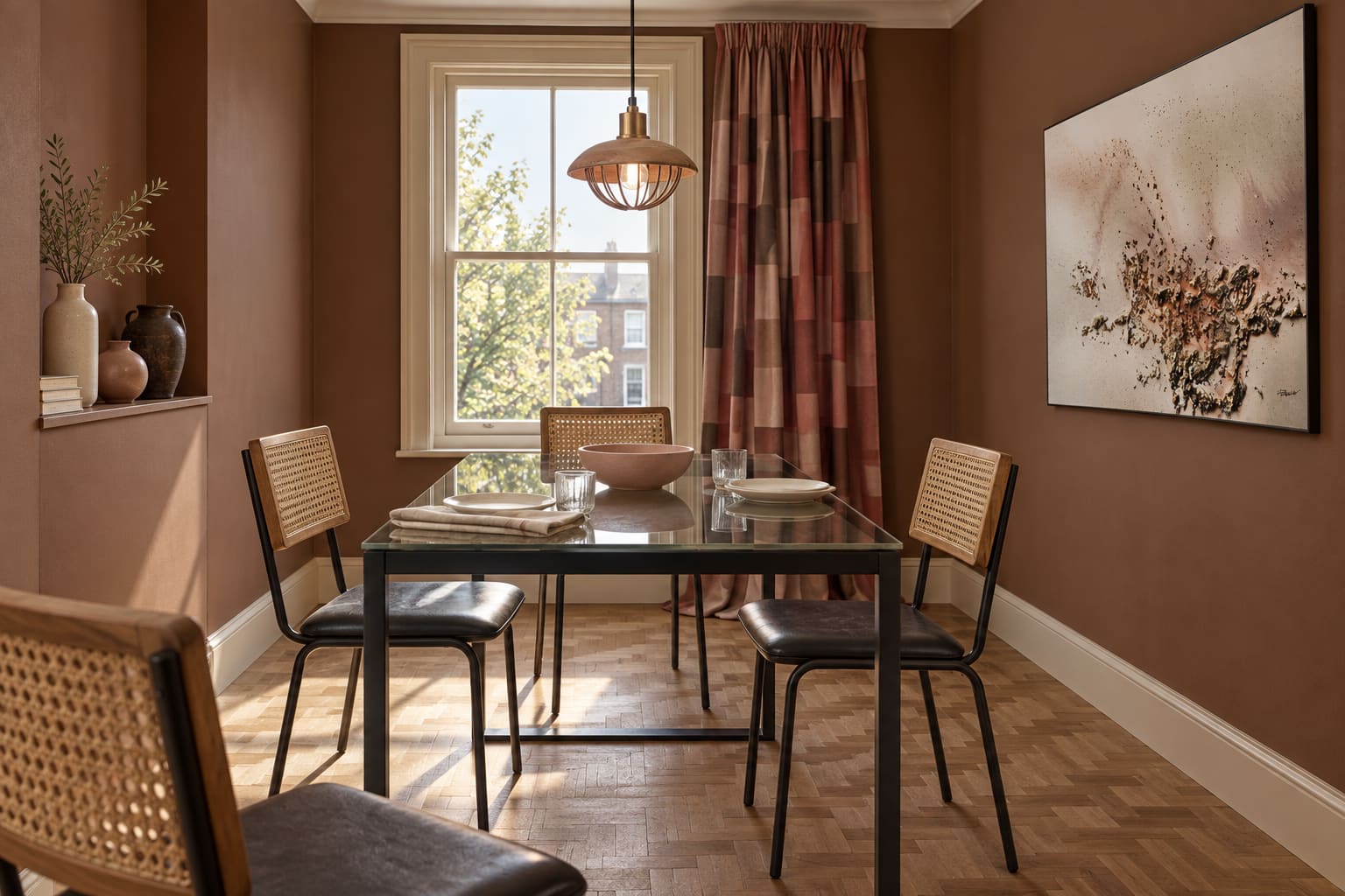 A tobacco-brown dining room with a smoked-glass table, four cane-backed black leather chairs, rose patterned curtains, a small wood-and-metal pendant and pale abstract artwork.