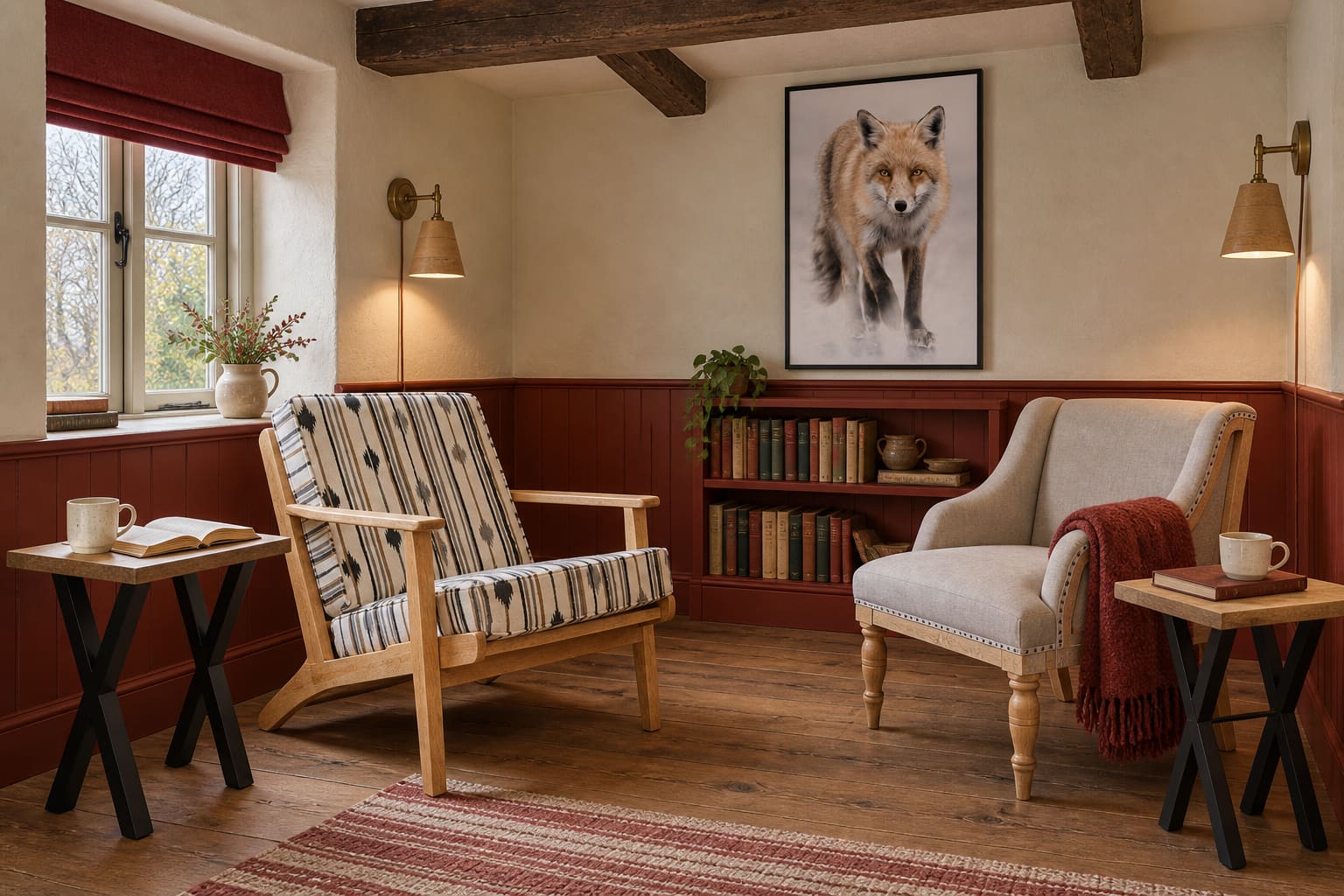 A cottage reading room with madder-red panelling, a striped cotton armchair, a stone linen chair, individual wall lamps, two side tables and a fox portrait.