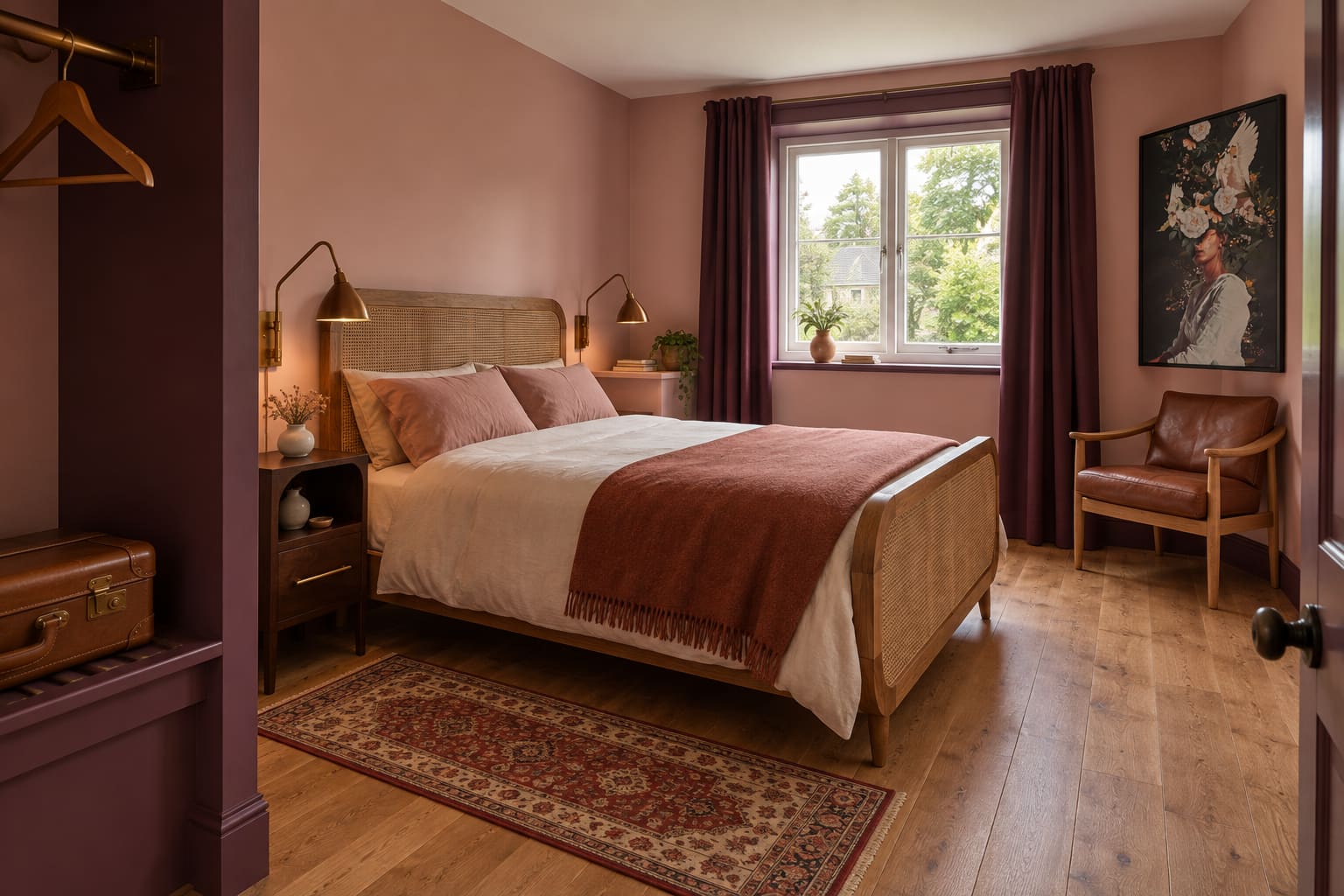 A pink and plum guest bedroom seen from a luggage recess, with a rattan bed, mismatched bedside surfaces, brass swing-arm lights, a leather chair and a floral portrait.
