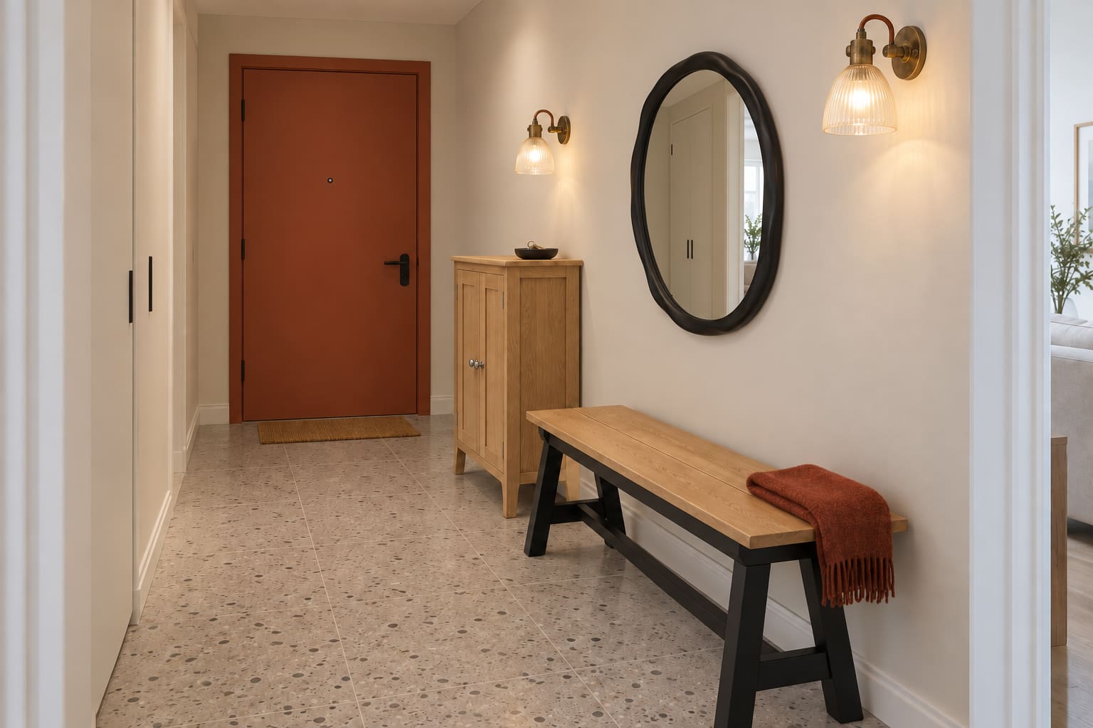 A windowless apartment entrance with a rust-red front door, closed oak shoe cupboard, slim black-and-wood bench, irregular black mirror and two glass wall lights.