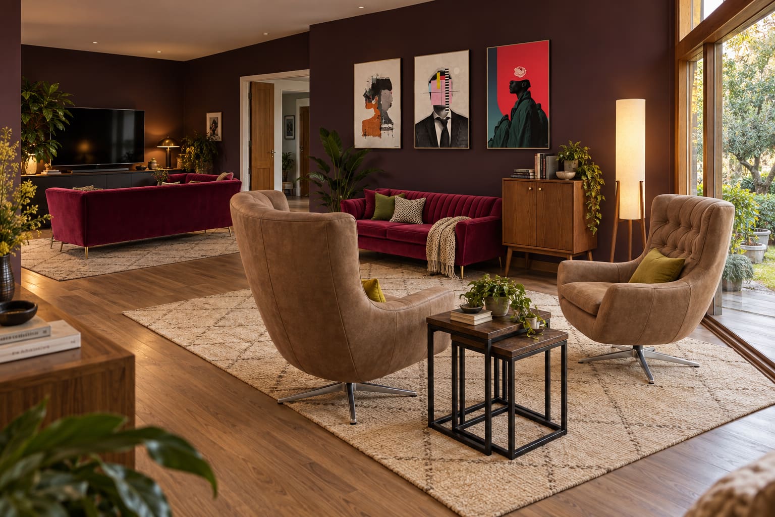 Long aubergine family room with wine velvet sofas, brown swivel chairs, two tan patterned rugs and three figurative artworks beside garden windows.