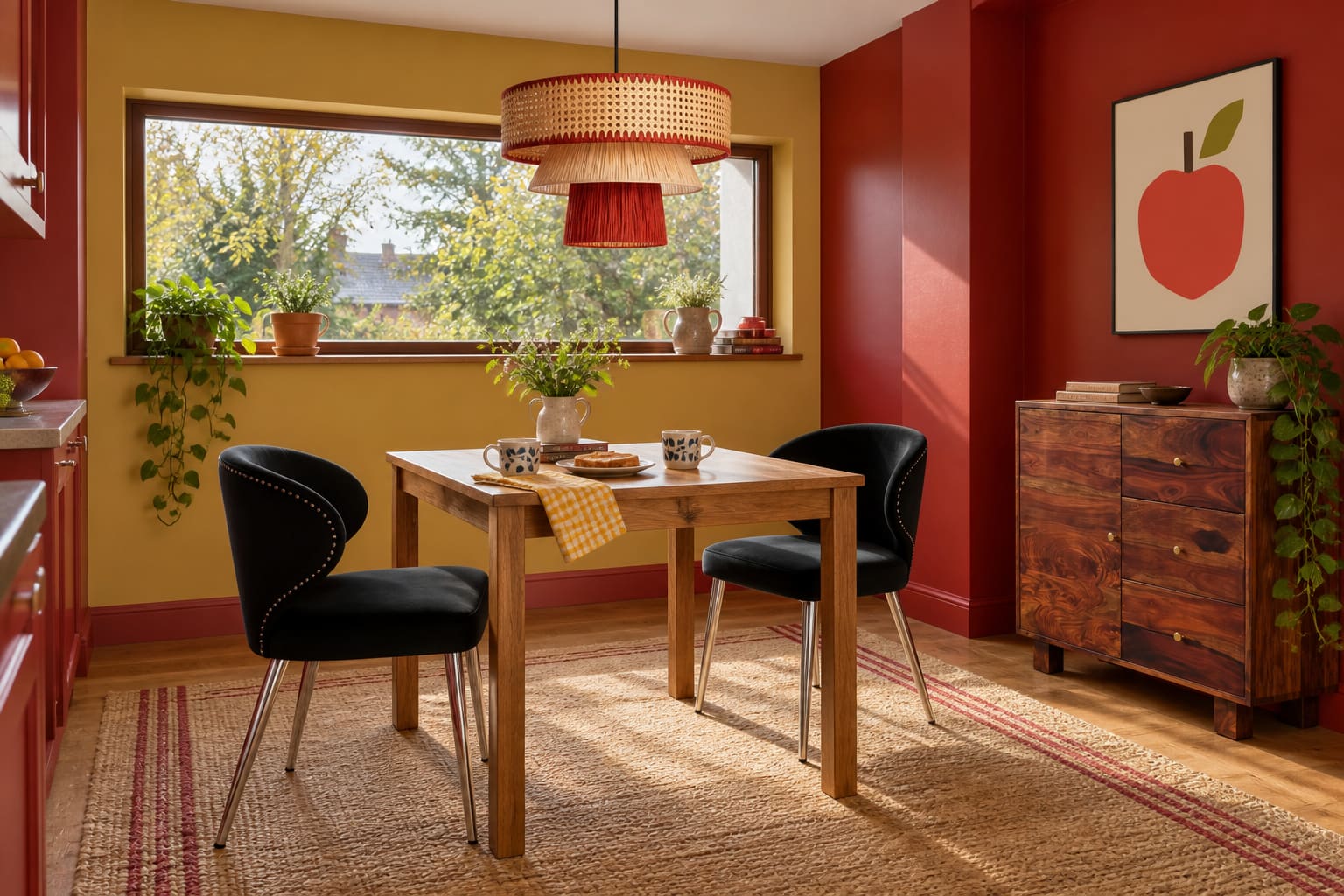 Cherry-red breakfast room with a square oak table, two black velvet chairs with silver legs, a red woven pendant and Minimalist Apple artwork above a timber cabinet.