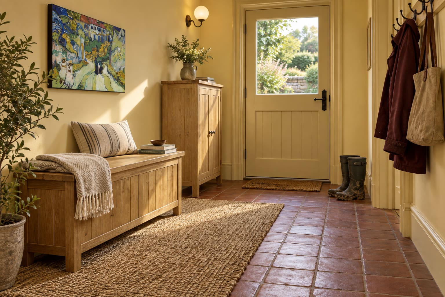 Butter-yellow boot room with a timber storage bench, a two-door shoe cupboard, quarry tiles, a jute mat on the dry side and a Van Gogh village painting.