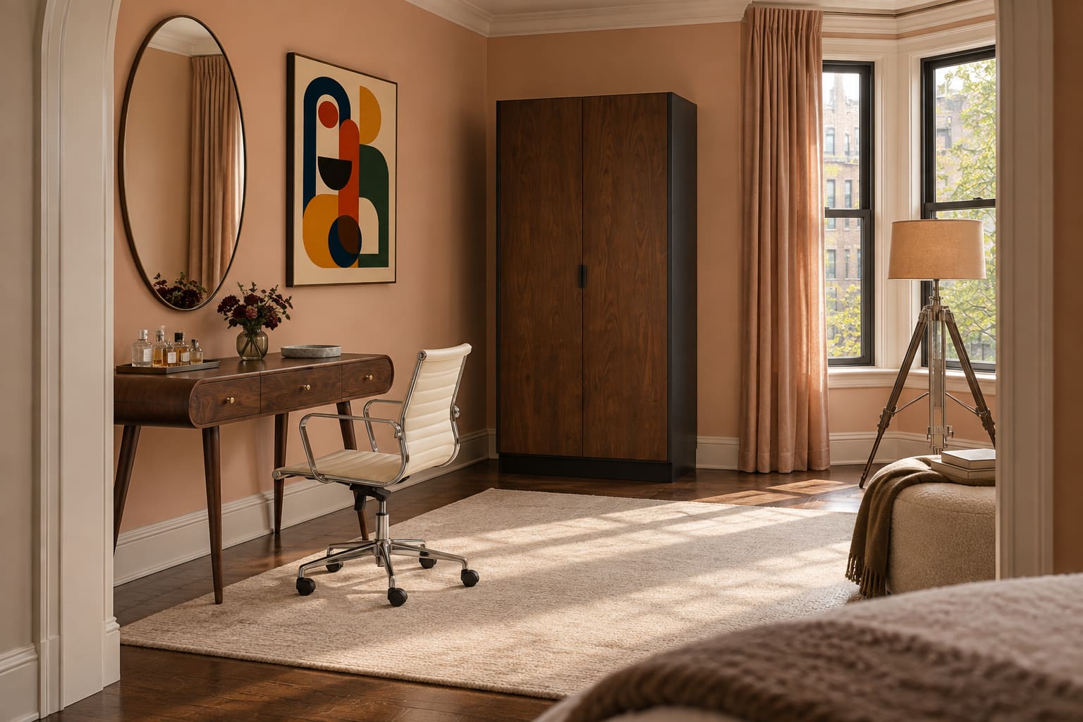 Peach dressing room with a walnut folding-mirror dressing table, ivory ribbed chrome chair, walnut wardrobe, chrome tripod lamp and geometric artwork.