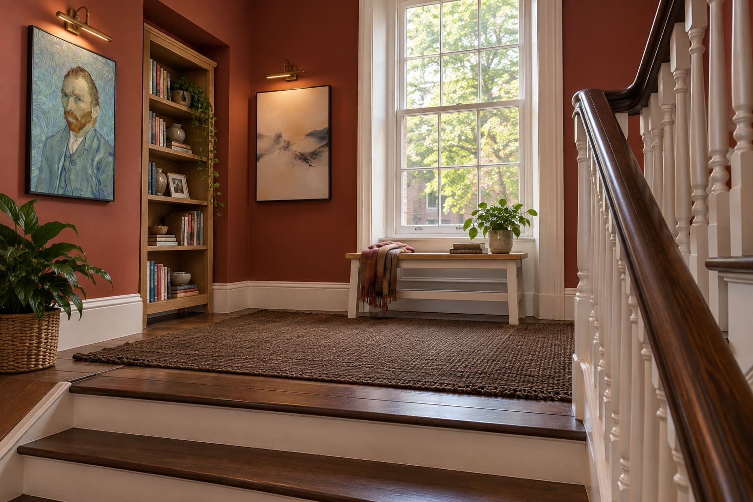 Red landing with an oak bookcase, ivory timber-topped bench, brown flat jute runner, Van Gogh self-portrait and pale landscape beside a stairwell.