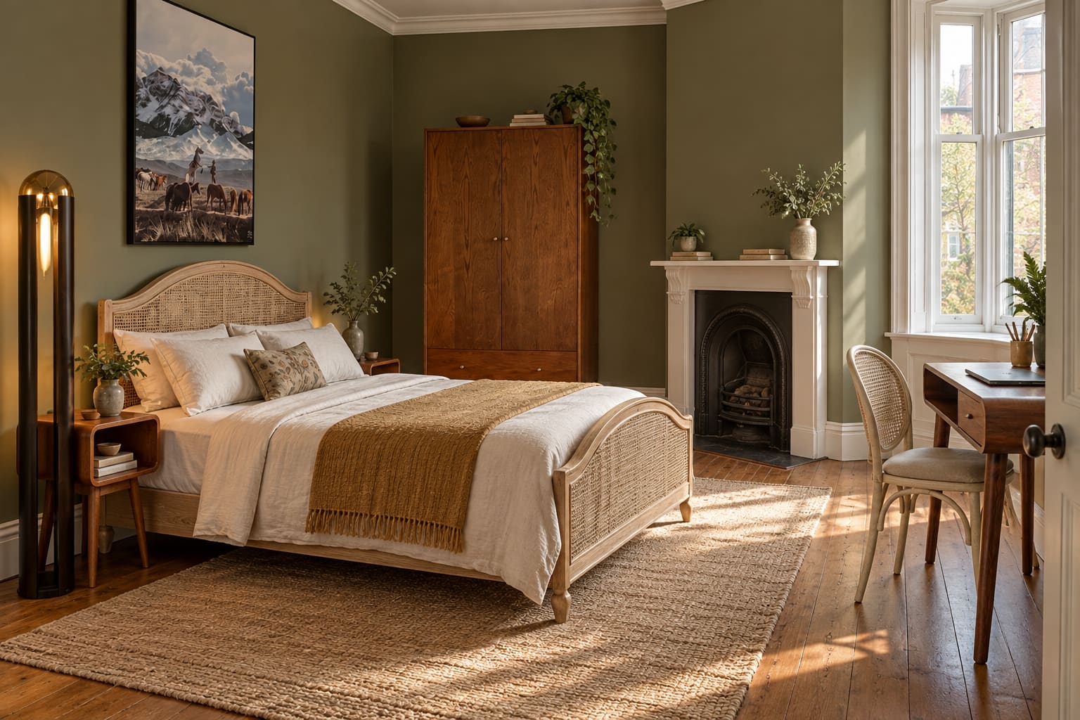 Olive guest bedroom with a light oak rattan double bed, curved chestnut writing desk, cane chair, walnut storage and horse artwork above the bed.