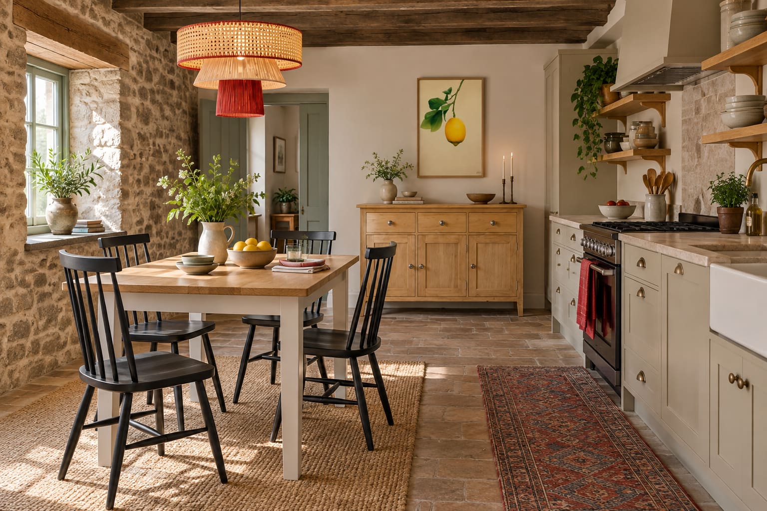 Stone-cottage kitchen with low timber beams, mushroom cabinets, a pale wooden dining table, black spindle chairs, red woven pendant and California Lemon artwork.