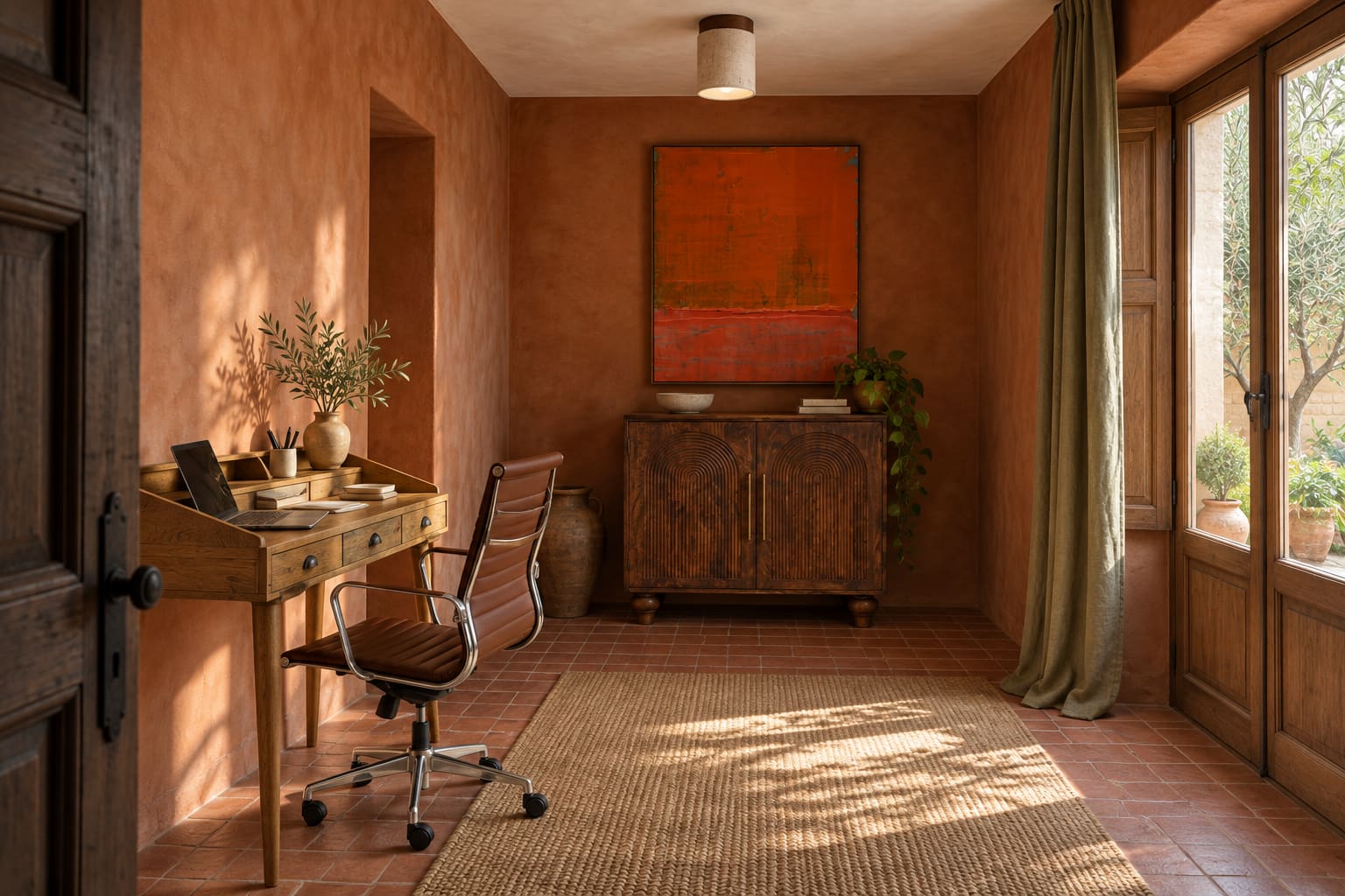 Terracotta courtyard workroom with a natural timber gallery-back writing desk, brown ribbed chrome office chair, grooved timber cabinet and orange-red abstract artwork.