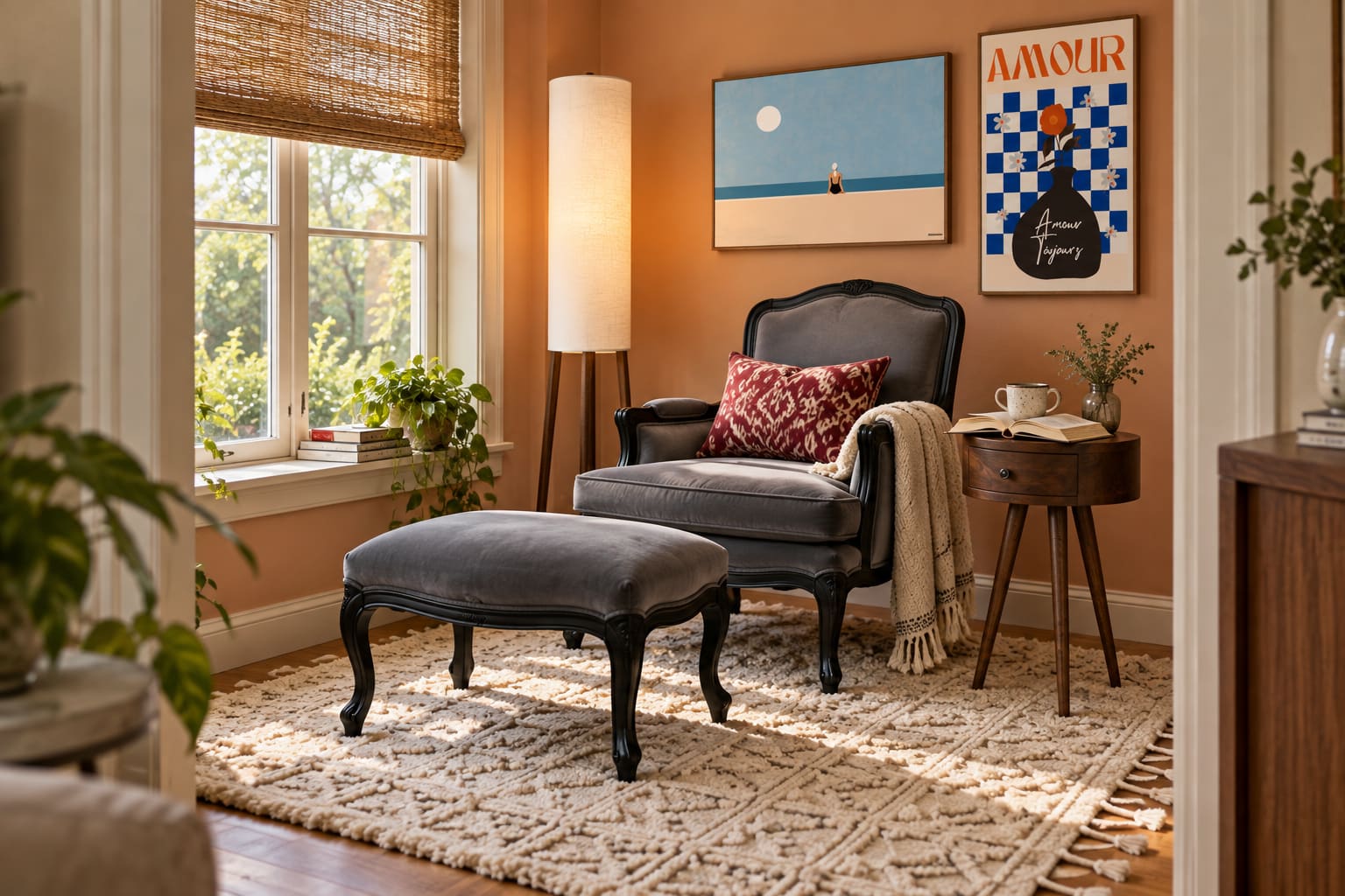 Apricot reading nook with a grey velvet Rococo chair and footstool, tall cylindrical floor lamp, round chestnut side table, textured cream rug and two colourful artworks.