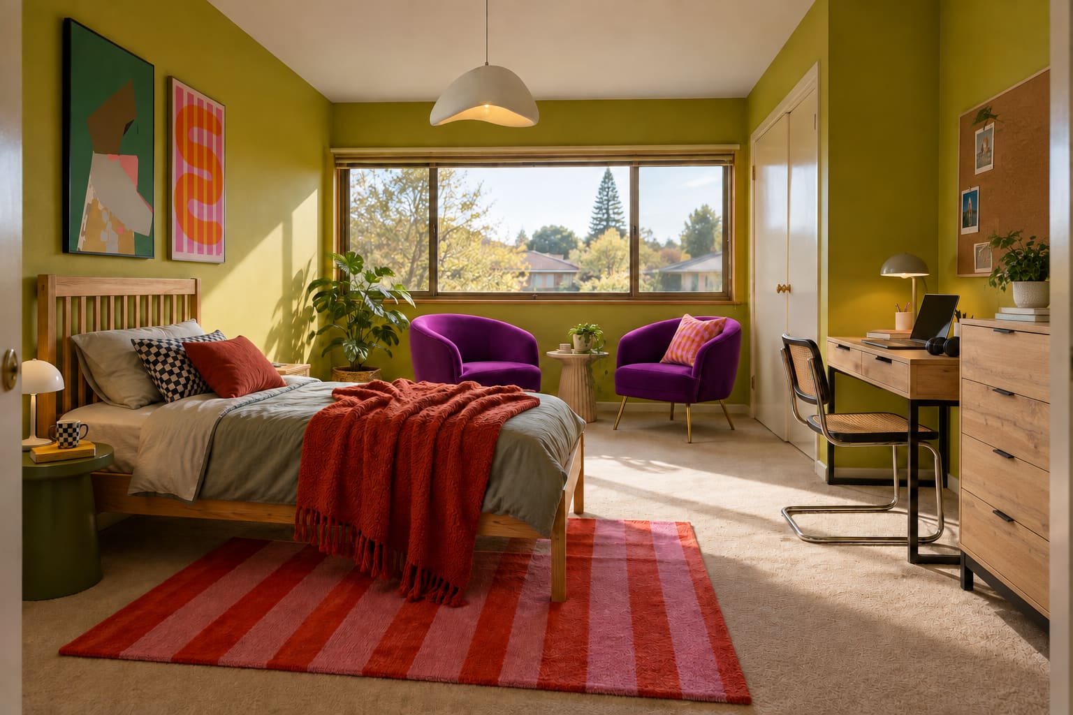 Chartreuse teenage bedroom with a pine single bed, two violet velvet chairs by a broad window, oak desk and drawer chest, and two graphic artworks.
