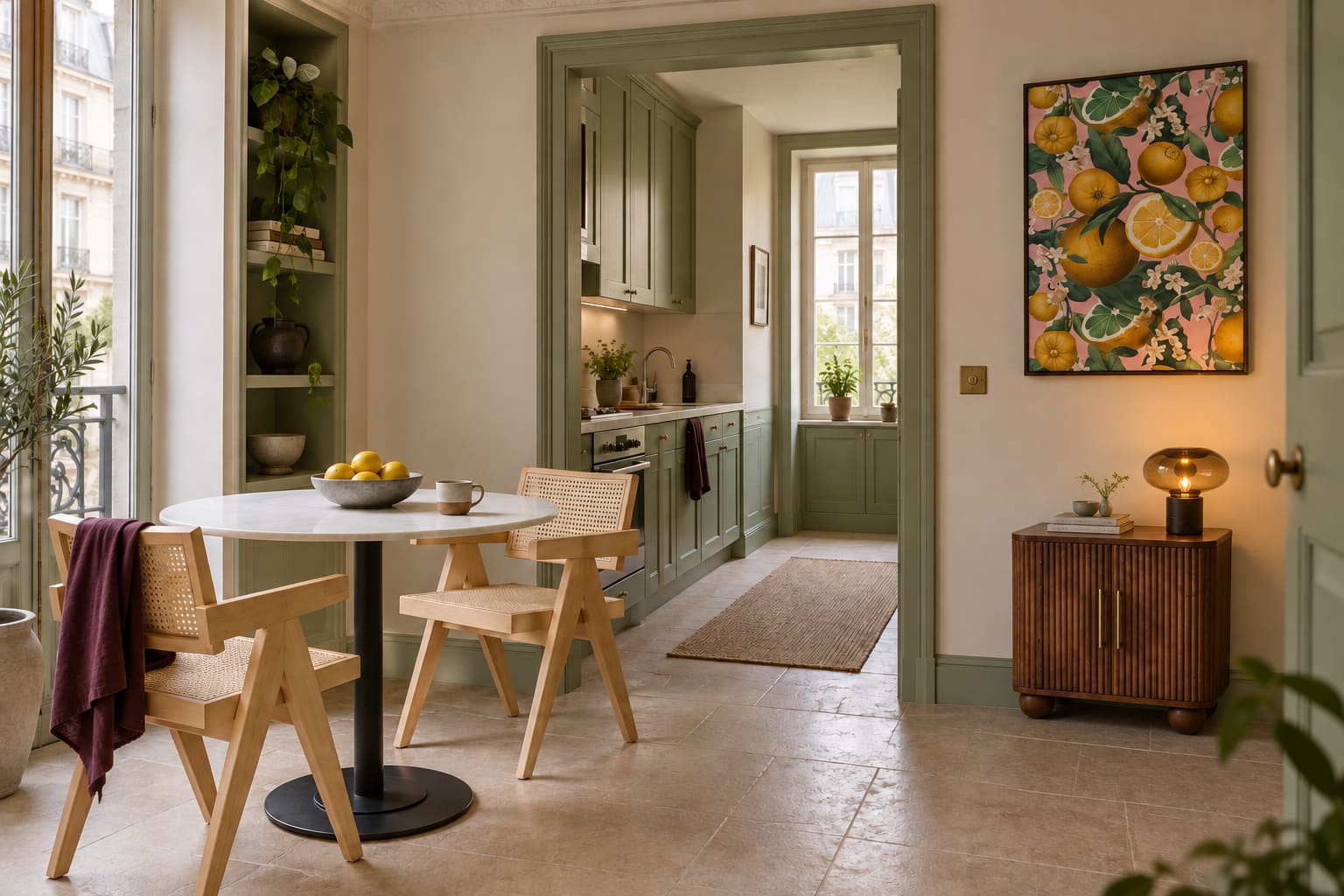 Pistachio Parisian kitchen seen from a dining area with a white round pedestal table, two natural cane chairs, a small brown fluted cabinet and colourful lemon artwork.