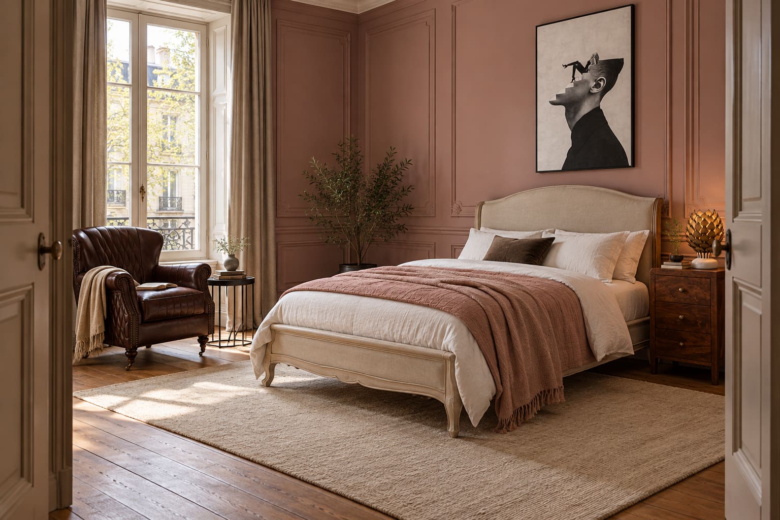 Dusty-rose guest bedroom seen through double doors, with a cream upholstered curved bed, brown leather wing chair, walnut bedside chest and black-and-white surreal portrait.