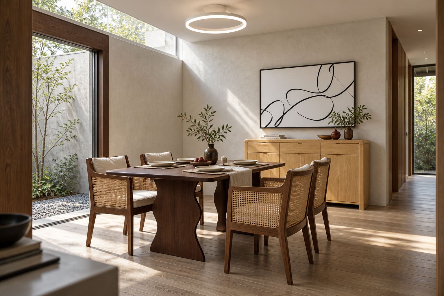 Quiet timber dining room with a dark walnut scalloped-pedestal table, four cane-backed chairs, pale oak sideboard, circular ceiling light and large black line artwork.
