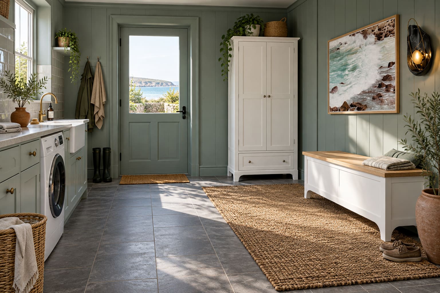 Sea-glass green utility room with laundry cabinets and sink on the left, a white timber-topped bench and wardrobe on the right, jute rug and ocean artwork.