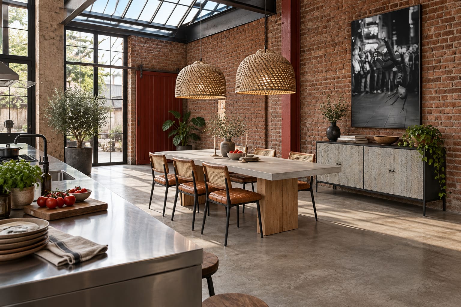 Brick warehouse kitchen with stainless-steel preparation counter, long grey-topped timber-pedestal dining table, tan leather and cane chairs, two woven pendants and monochrome dancer artwork.