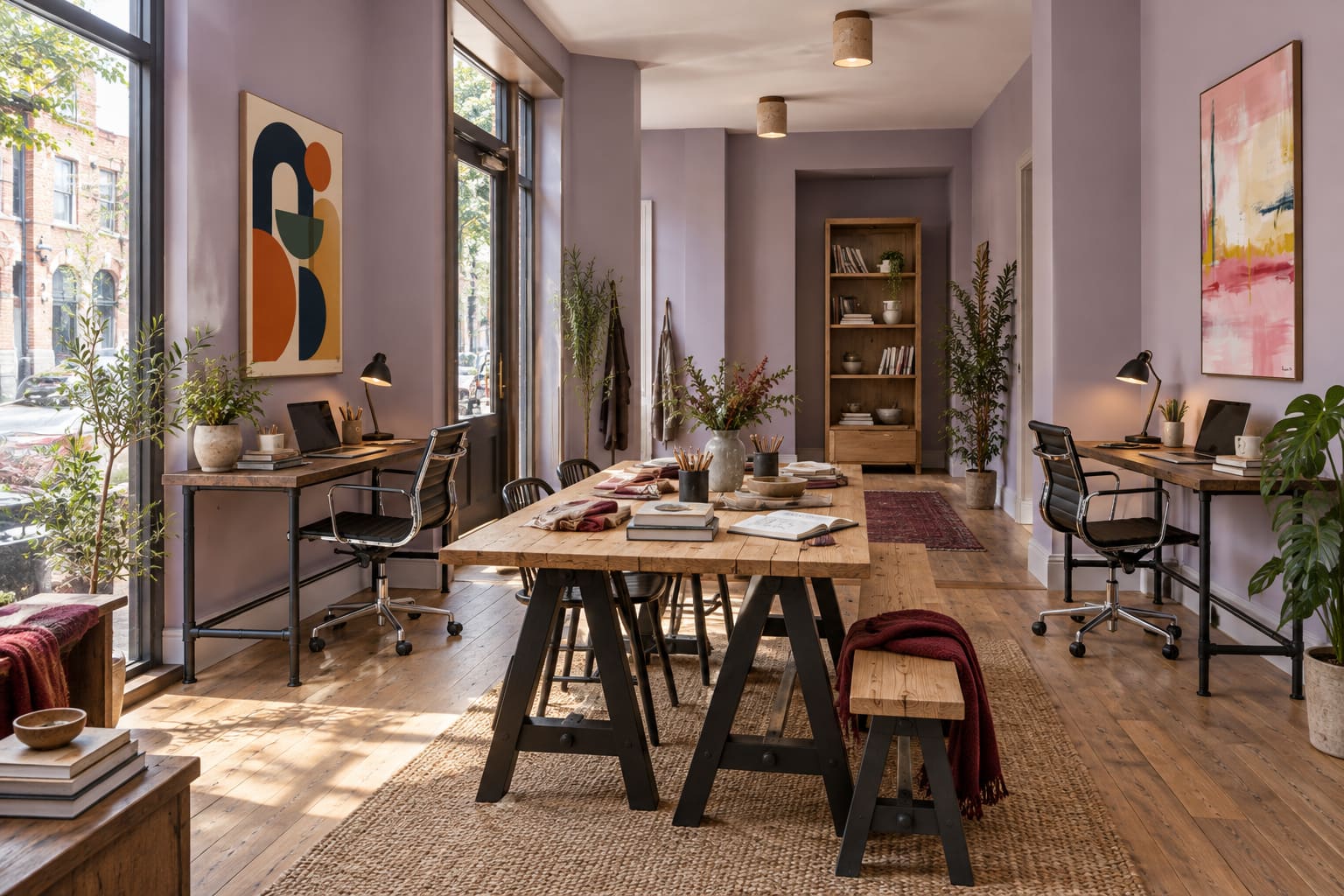 Lavender shared studio in a former shopfront with two timber pipe-frame desks, black chrome office chairs, a central pine trestle table, tall bookcase and two colourful abstract artworks.