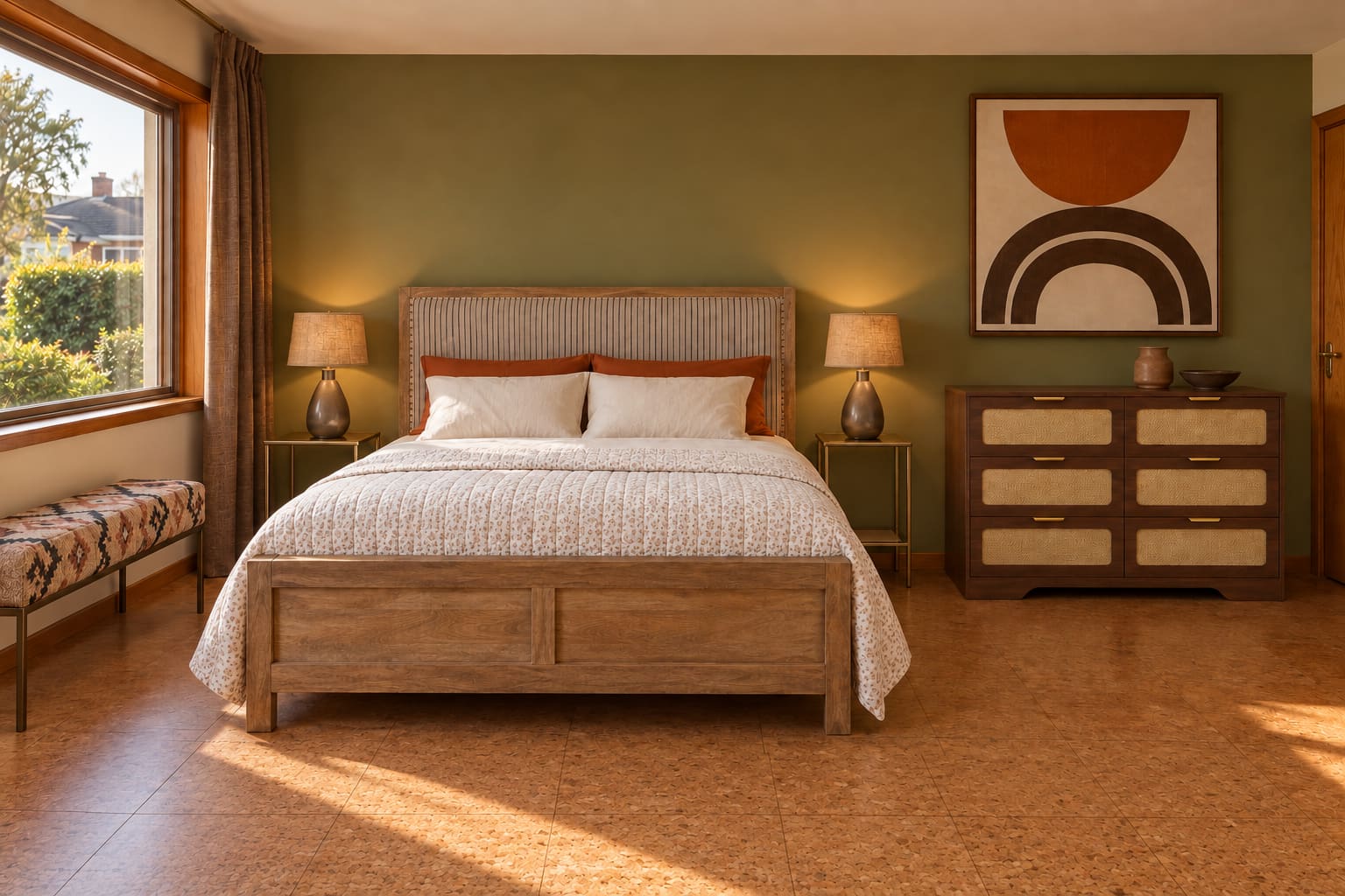 1970s-inspired bedroom with an avocado wall, striped timber king bed, pale rust printed quilt, brown six-drawer rattan chest, smoked-glass bedside lamps and cork floor.