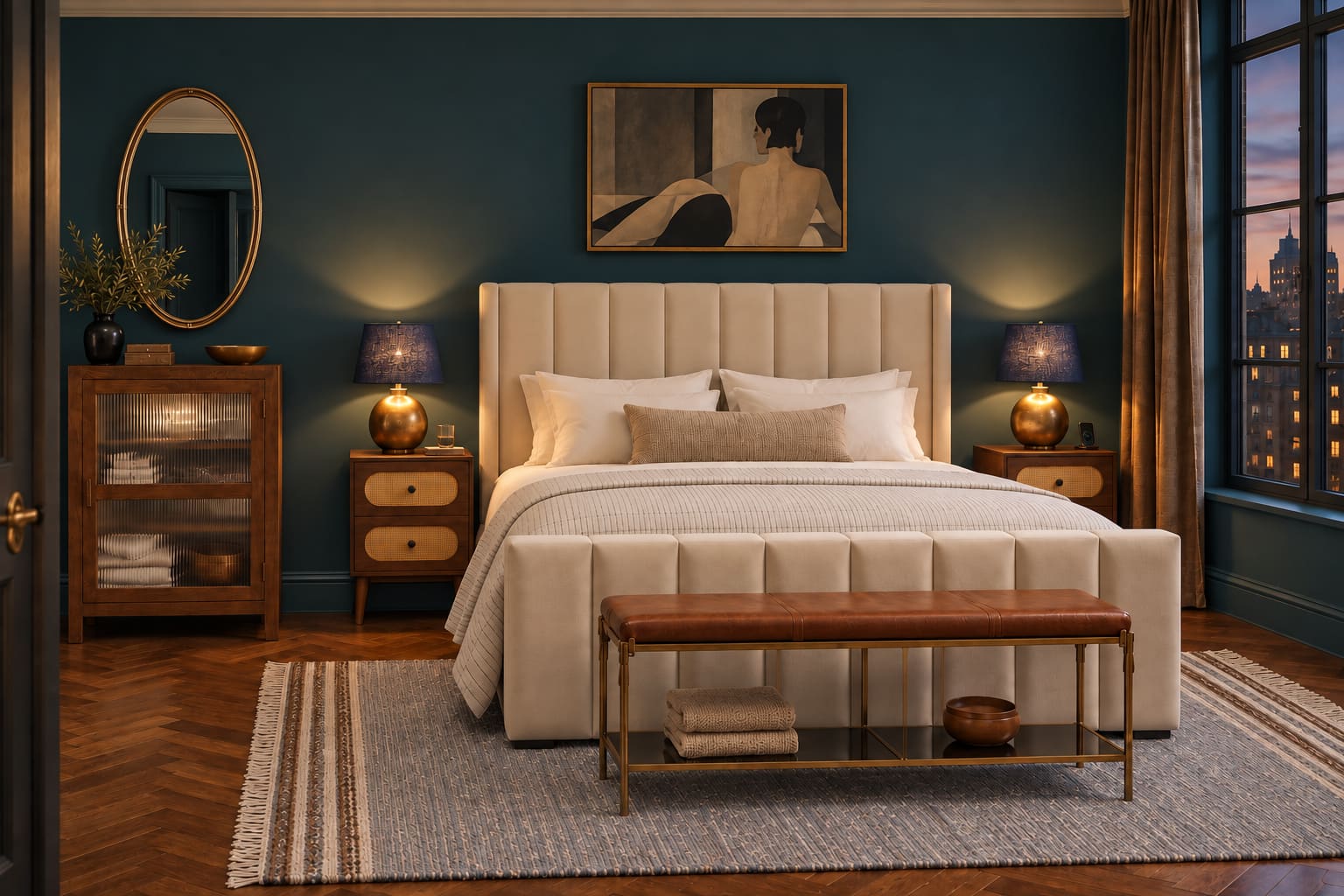 Deep teal Art Deco bedroom with a cream panelled bed, walnut rattan bedside cabinets, brass lamps with ink shades, an oval mirror and a leather bench.