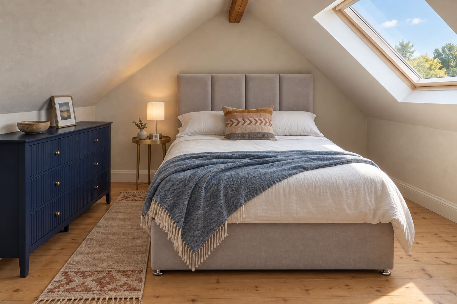 Compact white attic bedroom with sloping ceilings, a rooflight, silver four-panel divan bed, blue six-drawer chest under the left eave and a slim natural runner.