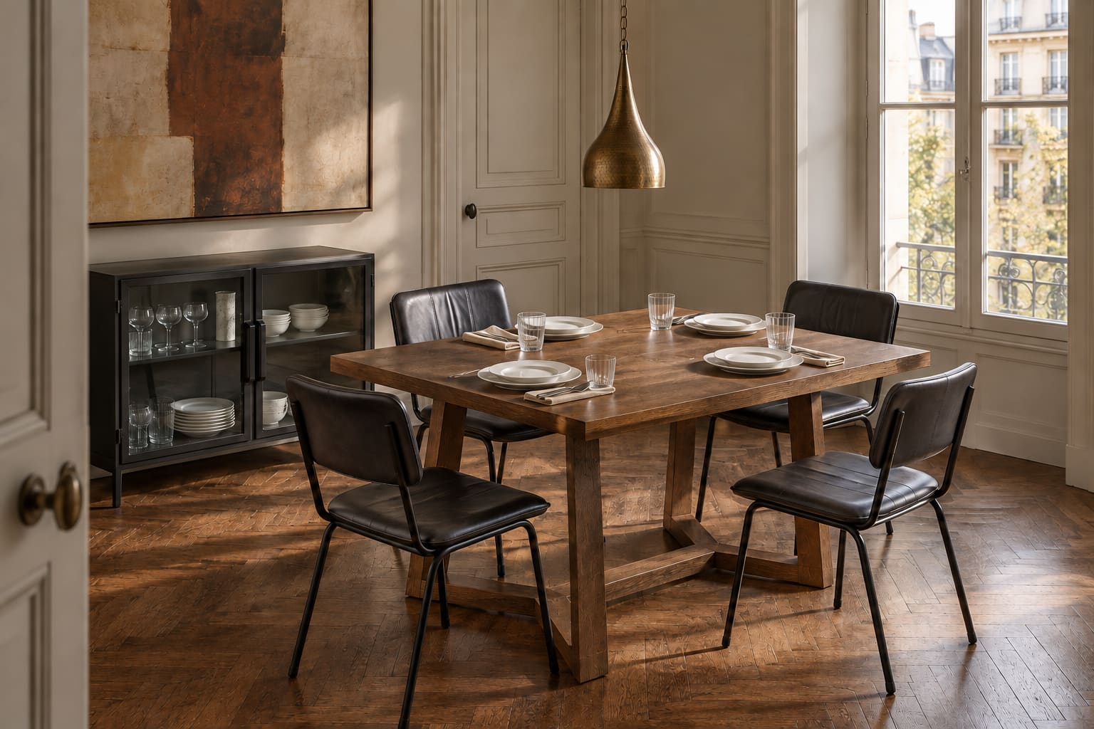 Period-inspired minimalist dining room with a brown trestle table, four slim black leather chairs, a brass pendant, white place settings and a grey glass-fronted sideboard.