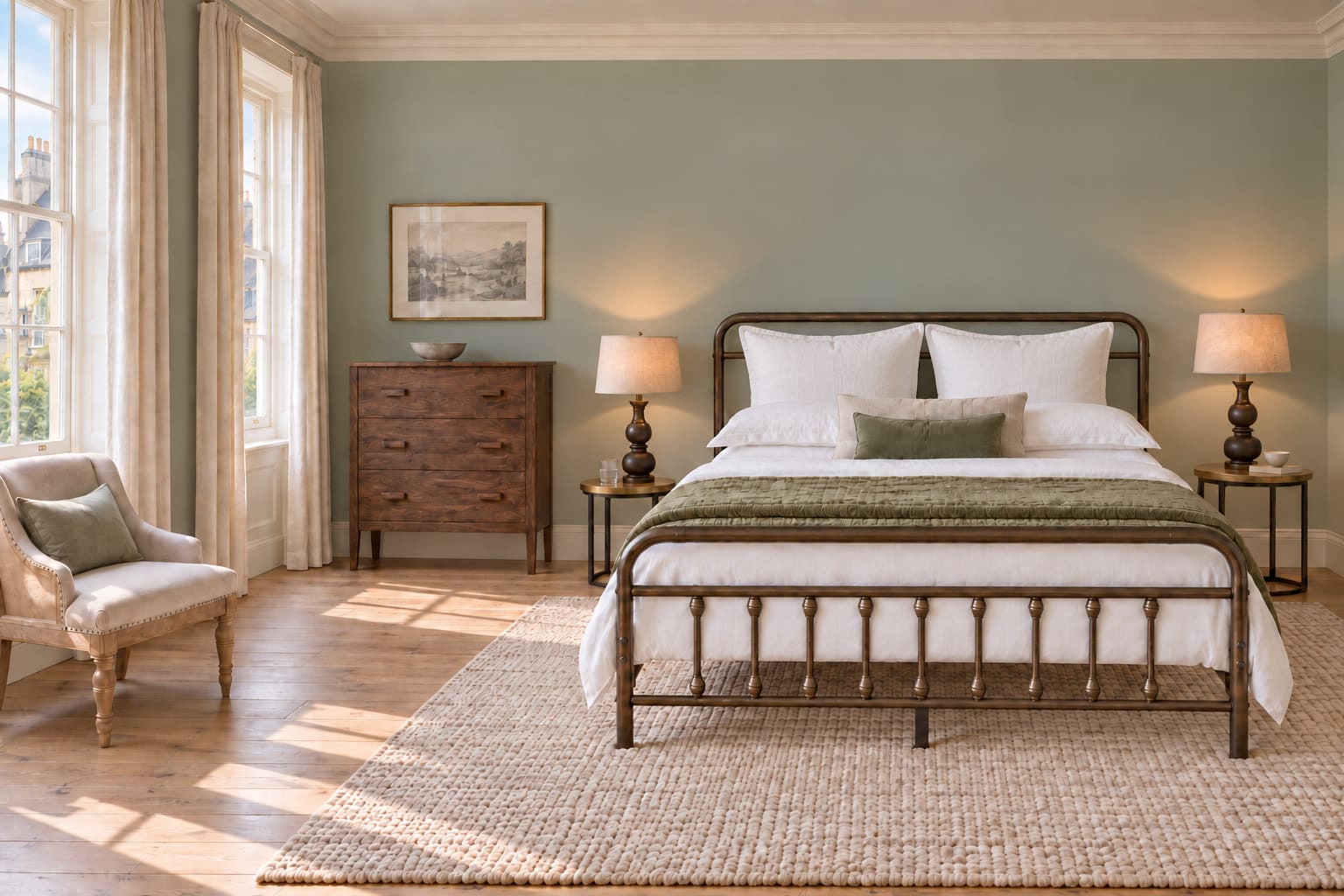 Pale celadon Georgian bedroom with tall sash windows, a bronze metal bed, moss quilt, dark acacia chest, linen lamps and a reading chair.