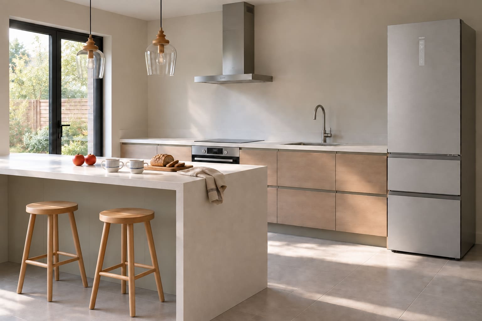 Bright minimalist family kitchen with pale oak and muted green cabinetry, a silver Haier fridge freezer, two round timber stools, clear glass pendants and a board with bread.