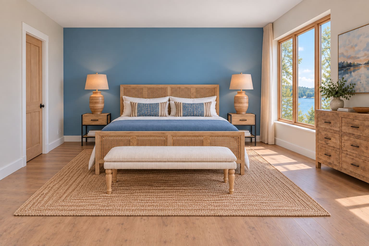 Lake-blue bedroom viewed from the foot of a cane bed, with a centred upholstered bench and rectangular hemp rug, timber bedside lamps and a dresser beside the lake-facing window.