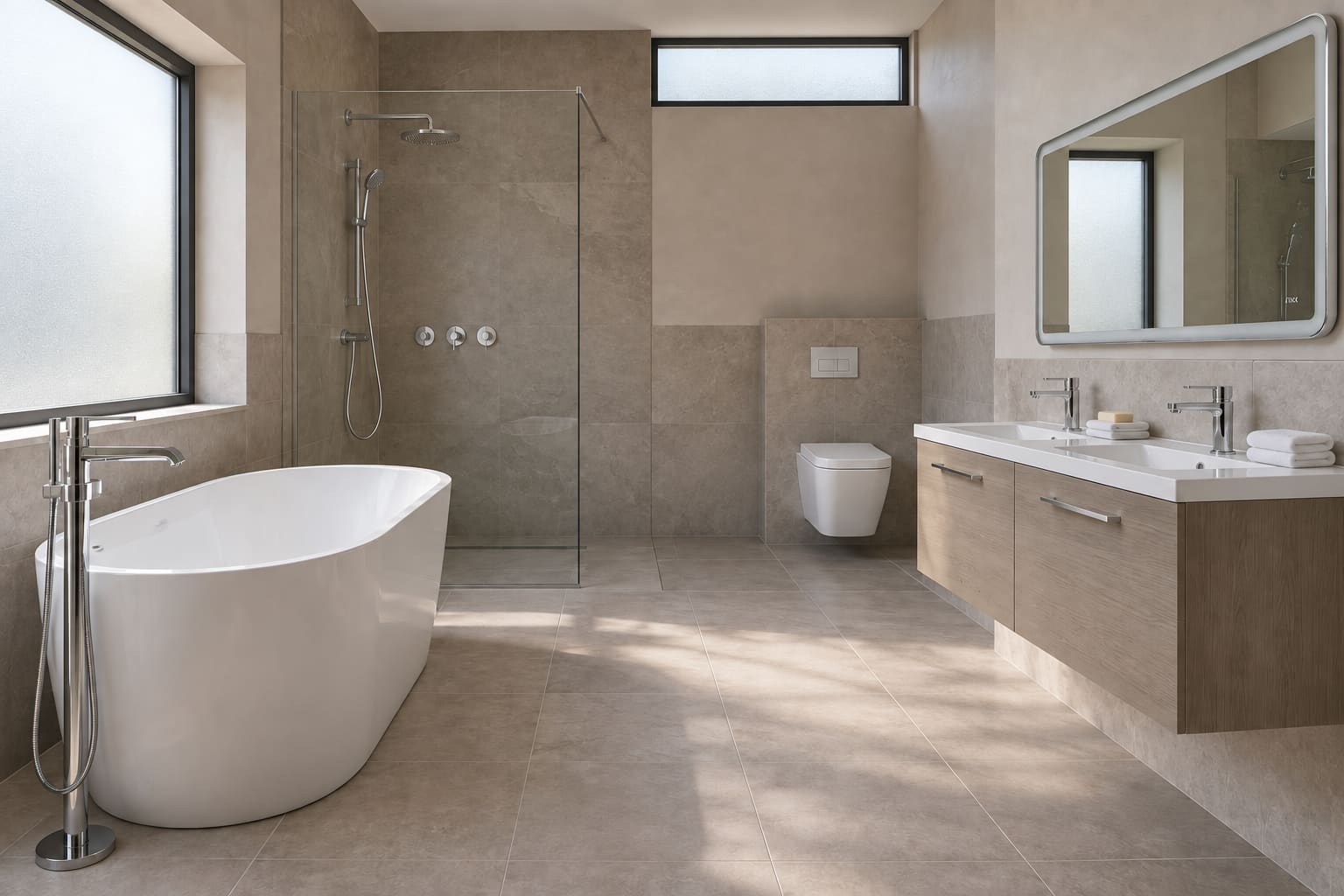 Large minimalist bathroom with pale limestone-look surfaces, a white freestanding bath, oak-effect double vanity, chrome taps, a clear separate shower and a wall-hung WC.