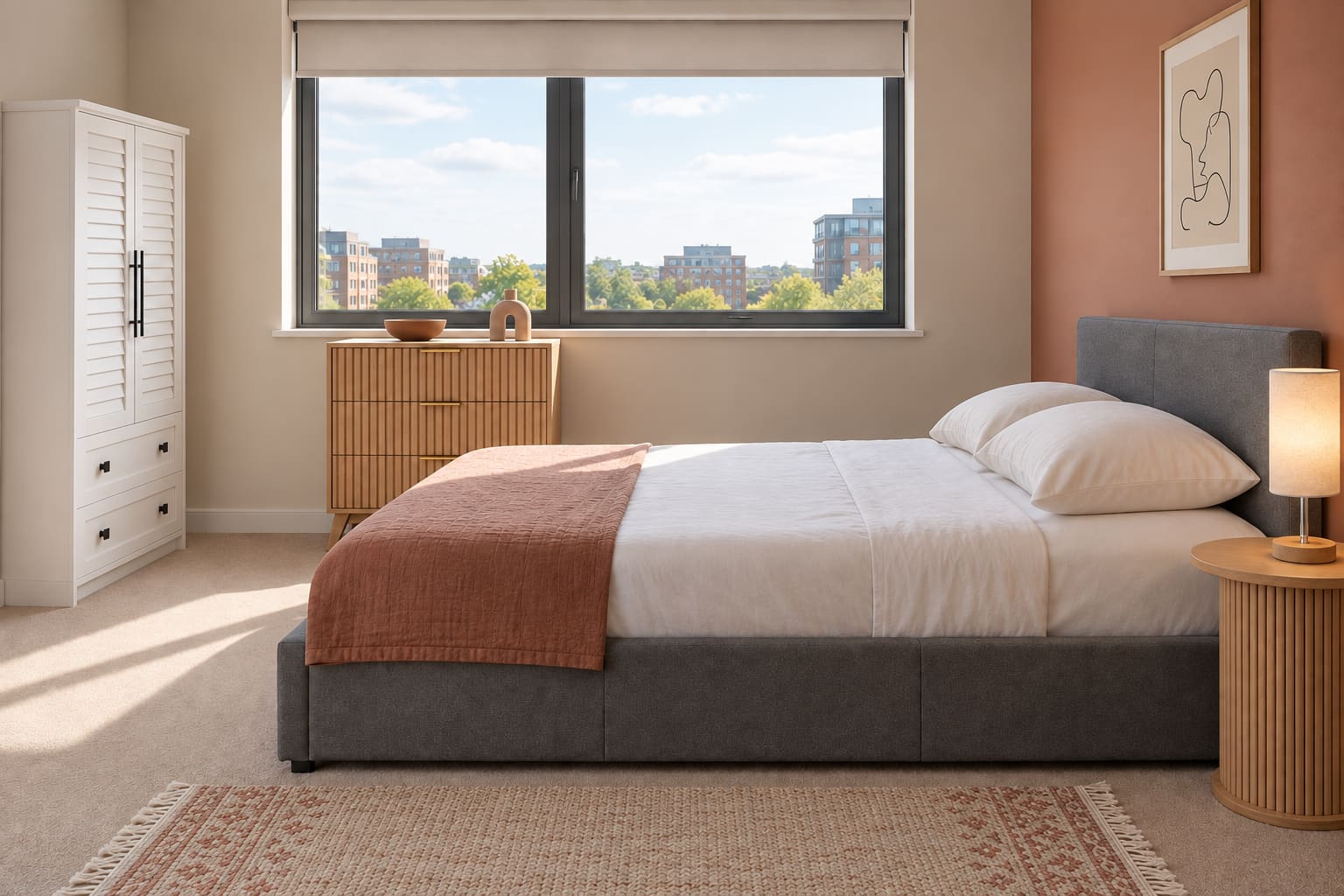 Side-on modern apartment bedroom with a dark grey ottoman bed, clay wall, white louvred wardrobe, oak fluted chest, round slatted table and small bedside lamp.