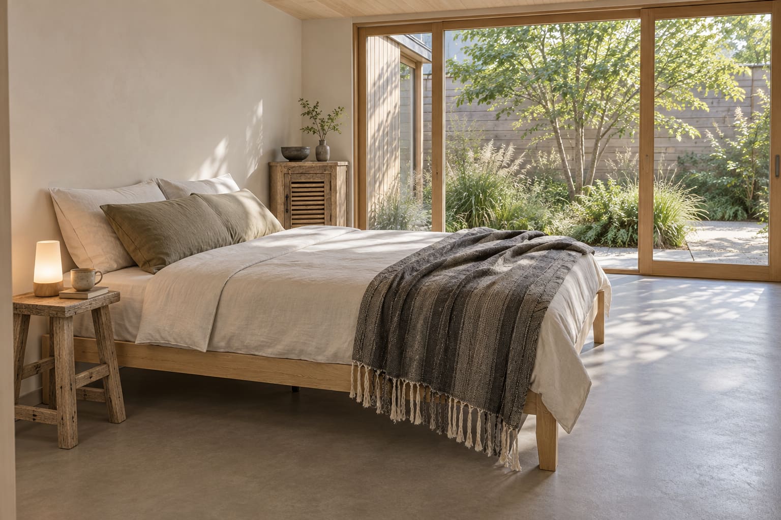 Quiet contemporary bedroom with a headboard-free timber platform bed, charcoal fringed linen throw, reclaimed wood stool and small cabinet beside timber courtyard glazing.