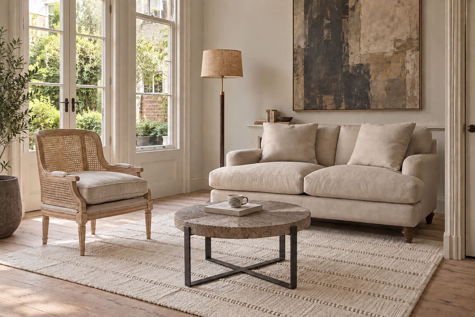 Daylit Dutch-inspired sitting room with a stone two-seat sofa, cane and linen armchair, round reclaimed-wood coffee table, pale geometric rug and unlit jute-shaded floor lamp.