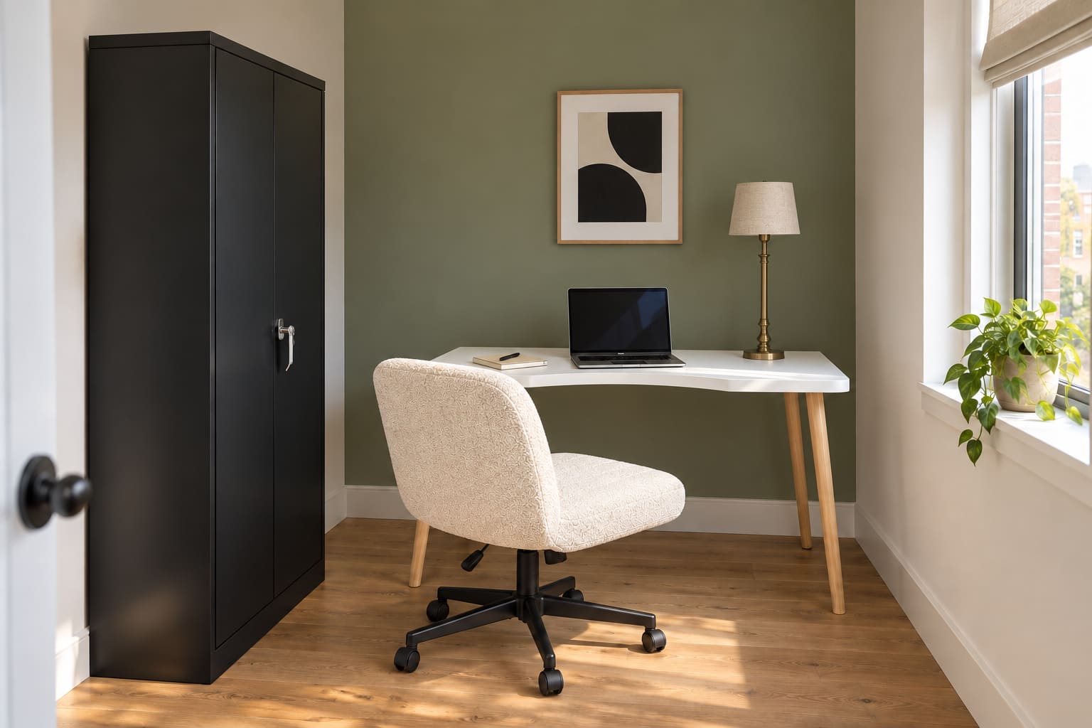 Compact minimalist home office with a curved white desk, cream armless wheeled chair, closed black storage cabinet, dusty olive wall and an unlit linen-shaded brass lamp.