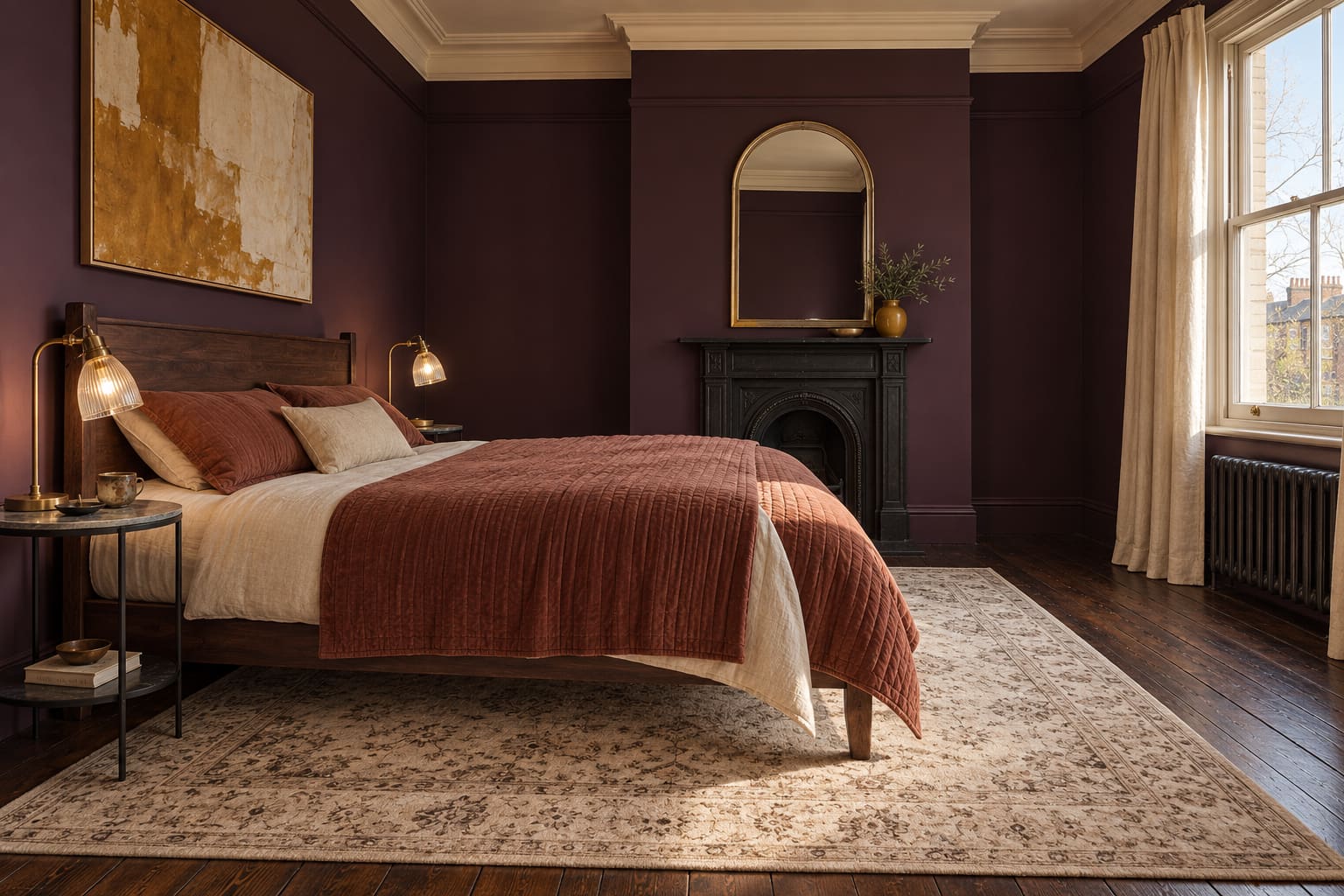 Aubergine Victorian bedroom with a dark timber bed across the view, rust quilt, black marble bedside tables, brass glass-shade lamps and an arched mirror above a fireplace.