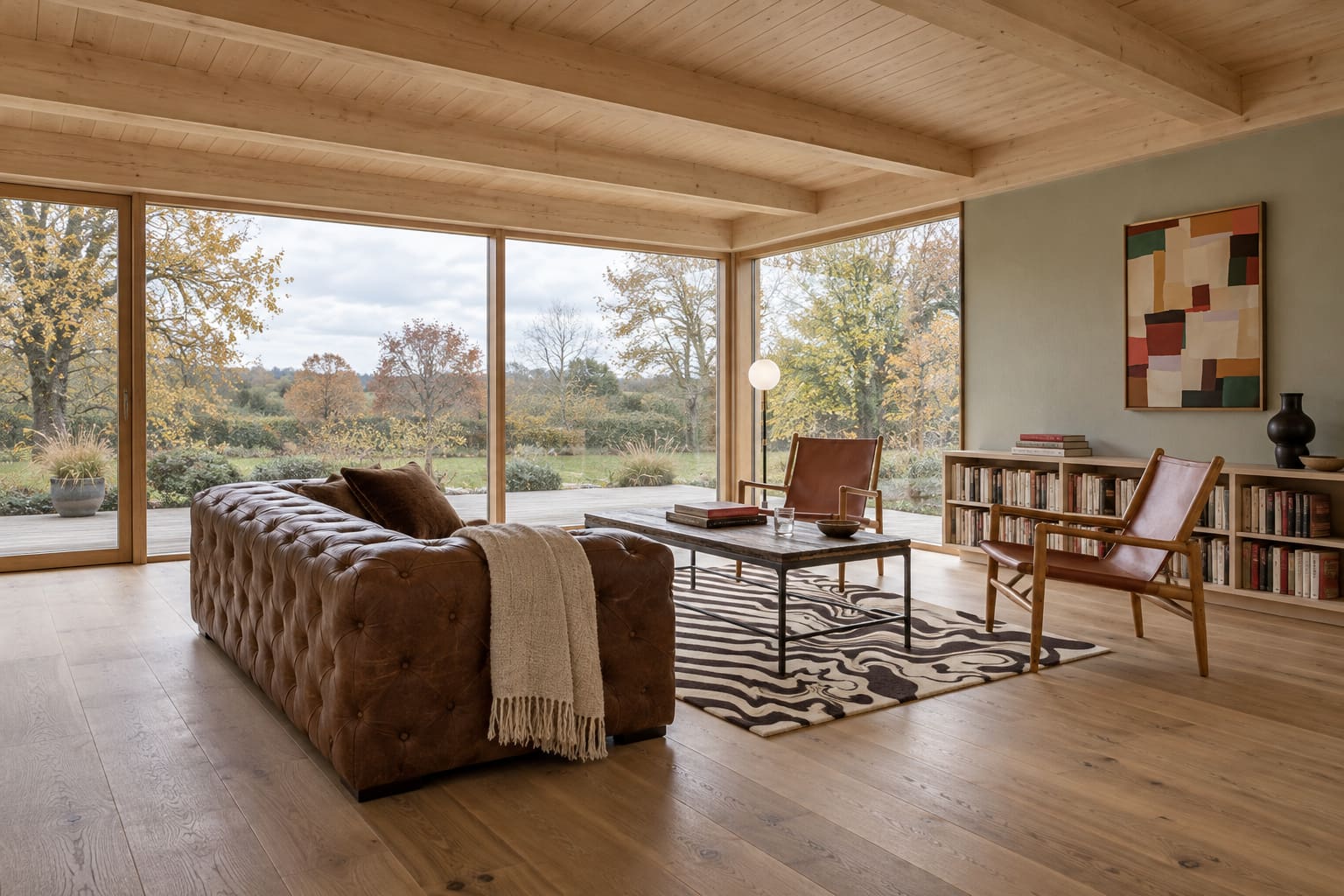 Wide timber pavilion with a brown leather sofa, two low sling chairs, a graphic wool rug and cherry-red artwork beside corner glazing.