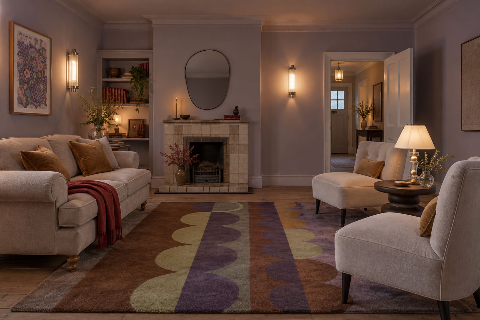 Violet 1930s sitting room with a sofa and two armless chairs gathered around a clear centre, a hearth mirror and several pools of lamplight.