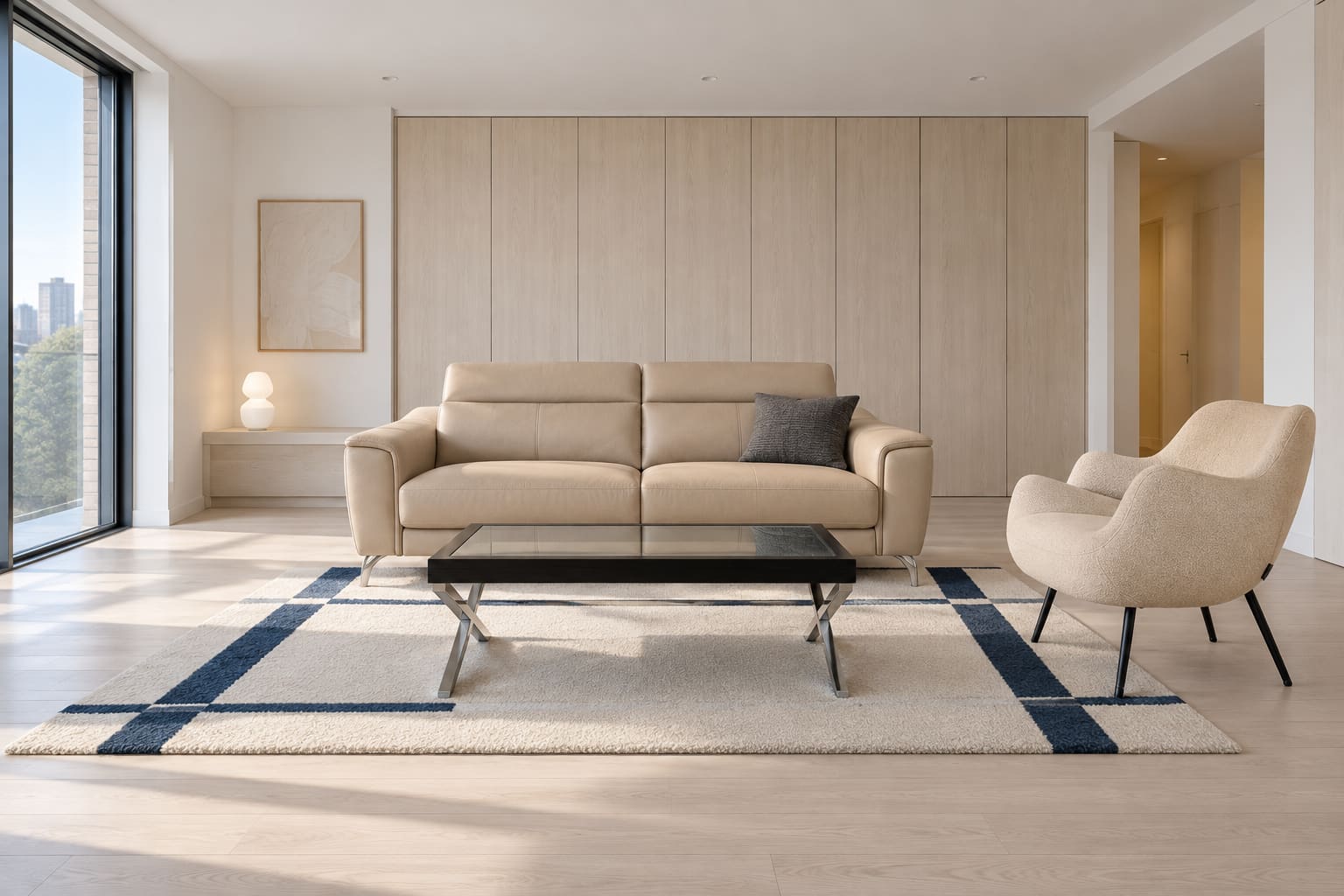Bright contemporary apartment with stone leather sofa, sculptural pale chair, glass coffee table and a geometric wool rug.