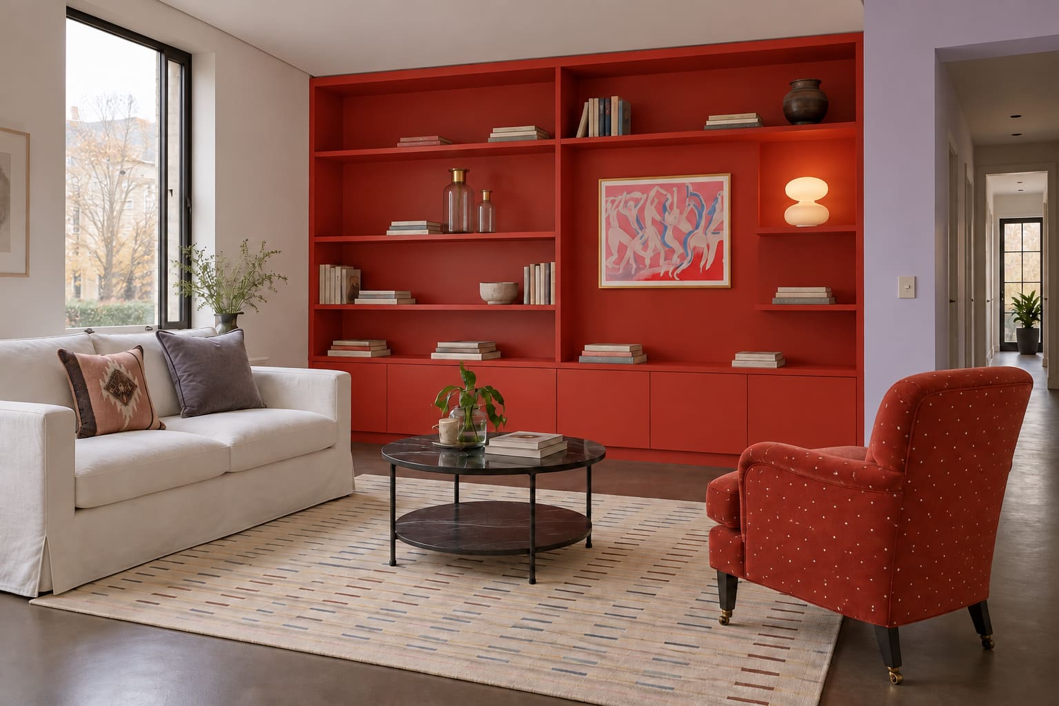 Tomato-red sitting room with a continuous coloured wall, pale sofa, red velvet chair, marble table and pastel rug.