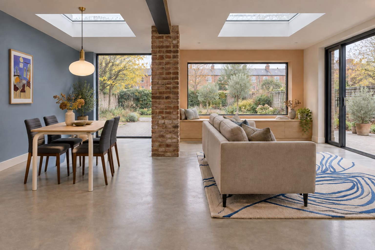Long cornflower-blue extension with an oak dining table in the foreground and a separate sitting group beside the garden glazing.